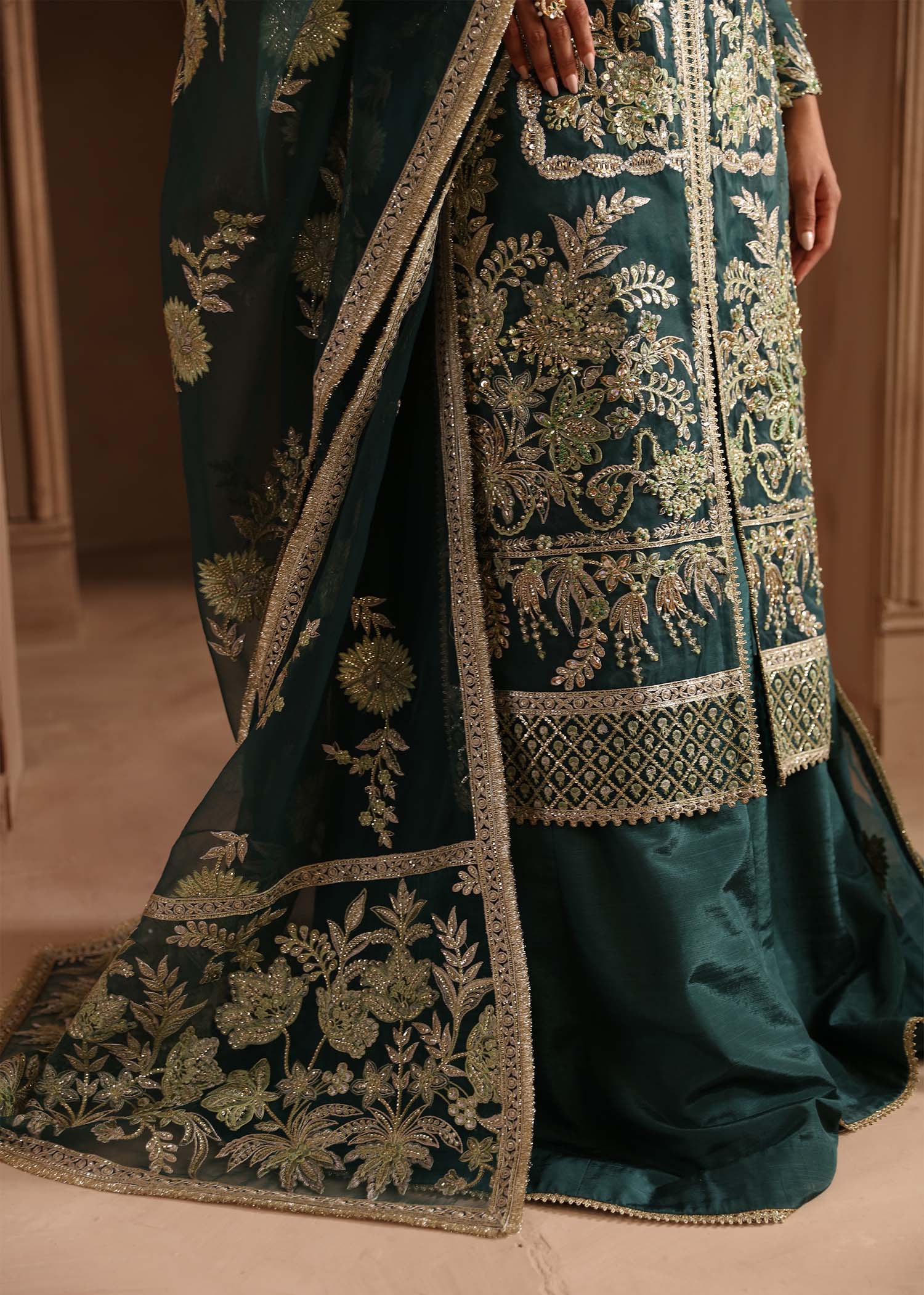 Emerald Green Hand-Embroidered Organza Sharara (3-Piece) - Image 7