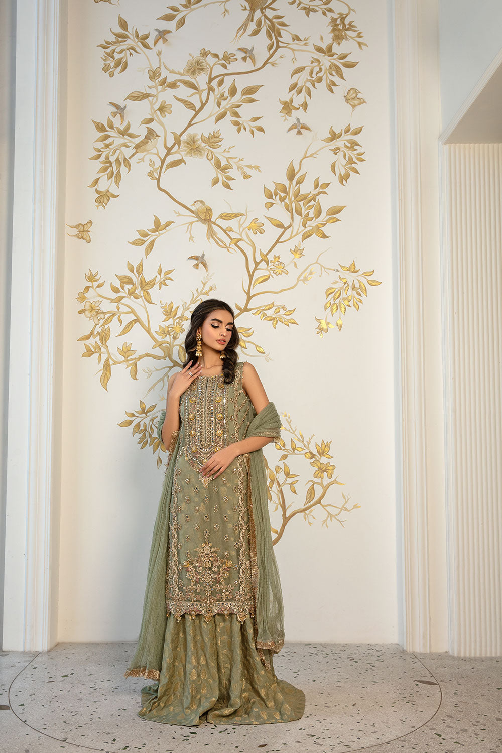 Pakistani Sage Green Hand-Embellished Organza Sharara (3-Piece) - Image 2