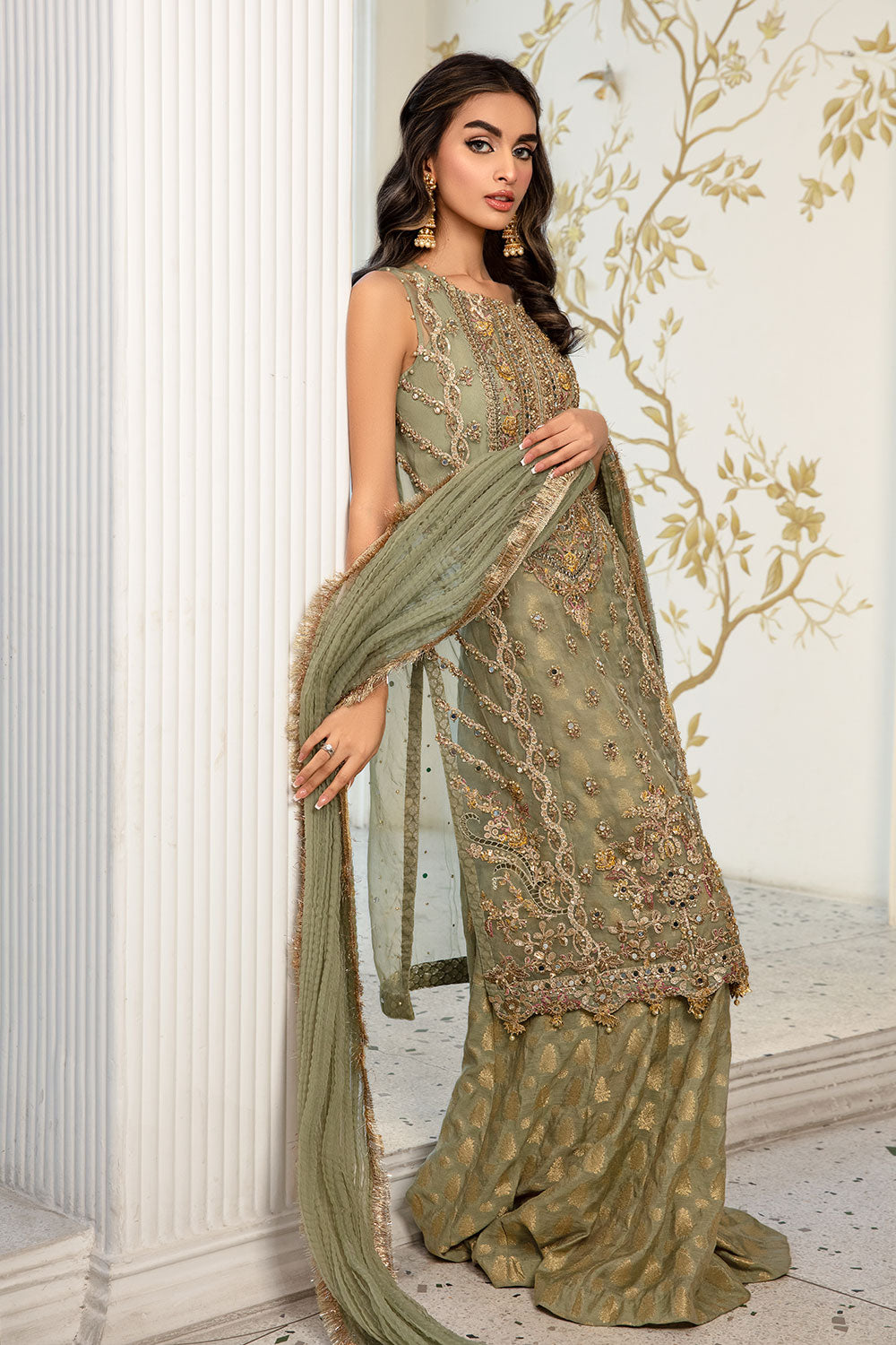 Pakistani Sage Green Hand-Embellished Organza Sharara (3-Piece) - Image 3