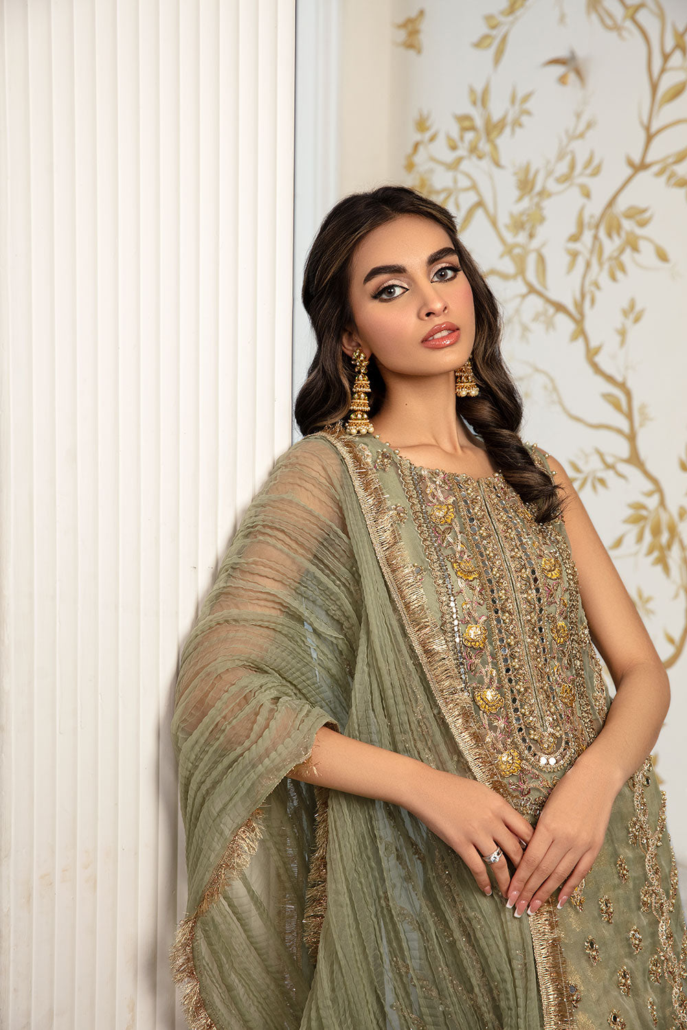 Pakistani Sage Green Hand-Embellished Organza Sharara (3-Piece) - Image 4