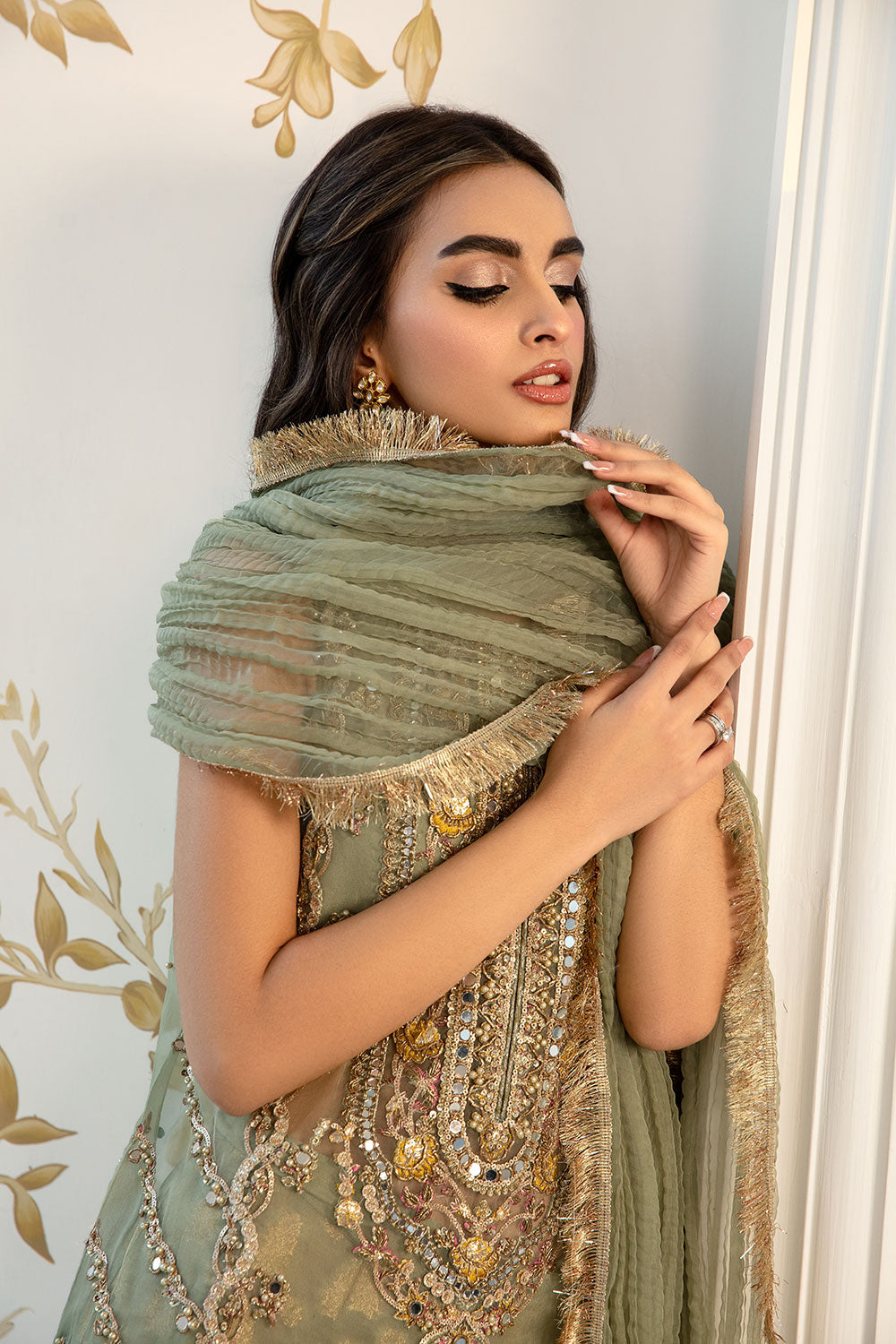 Pakistani Sage Green Hand-Embellished Organza Sharara (3-Piece) - Image 5