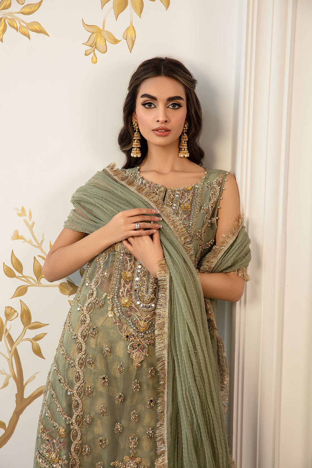 Pakistani Sage Green Hand-Embellished Organza Sharara (3-Piece) - Image 6