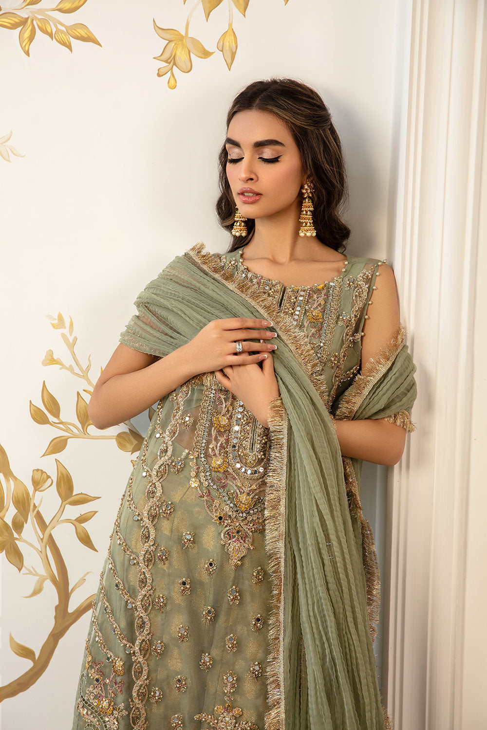 Pakistani Sage Green Hand-Embellished Organza Sharara (3-Piece) - Image 7