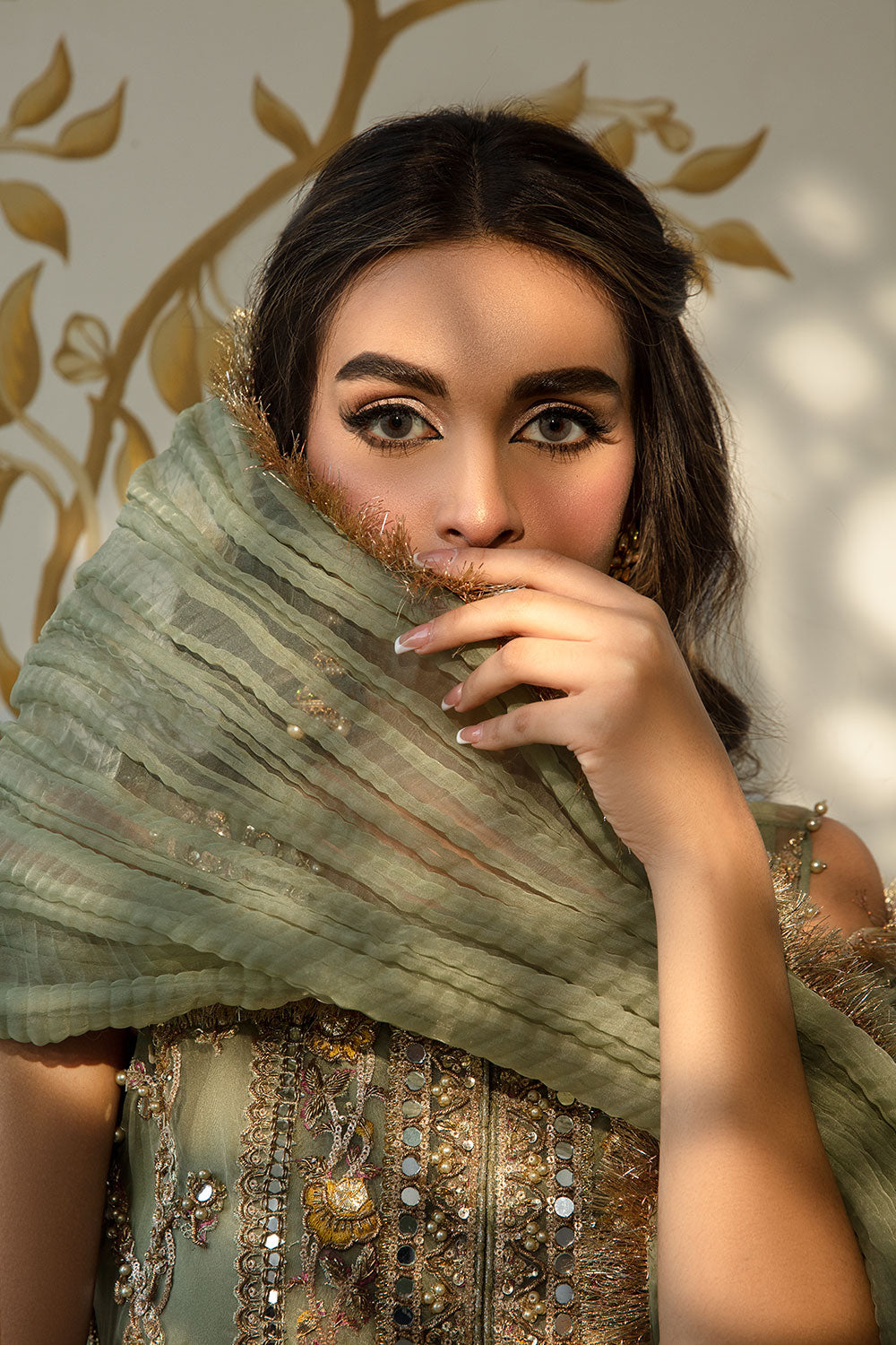 Pakistani Sage Green Hand-Embellished Organza Sharara (3-Piece) - Image 8