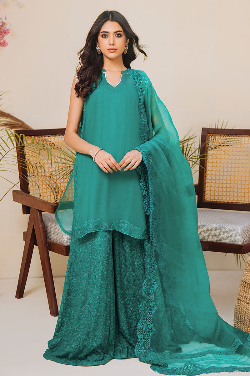 Emerald Green Embellished Organza Sharara (2-Piece) - Image 1