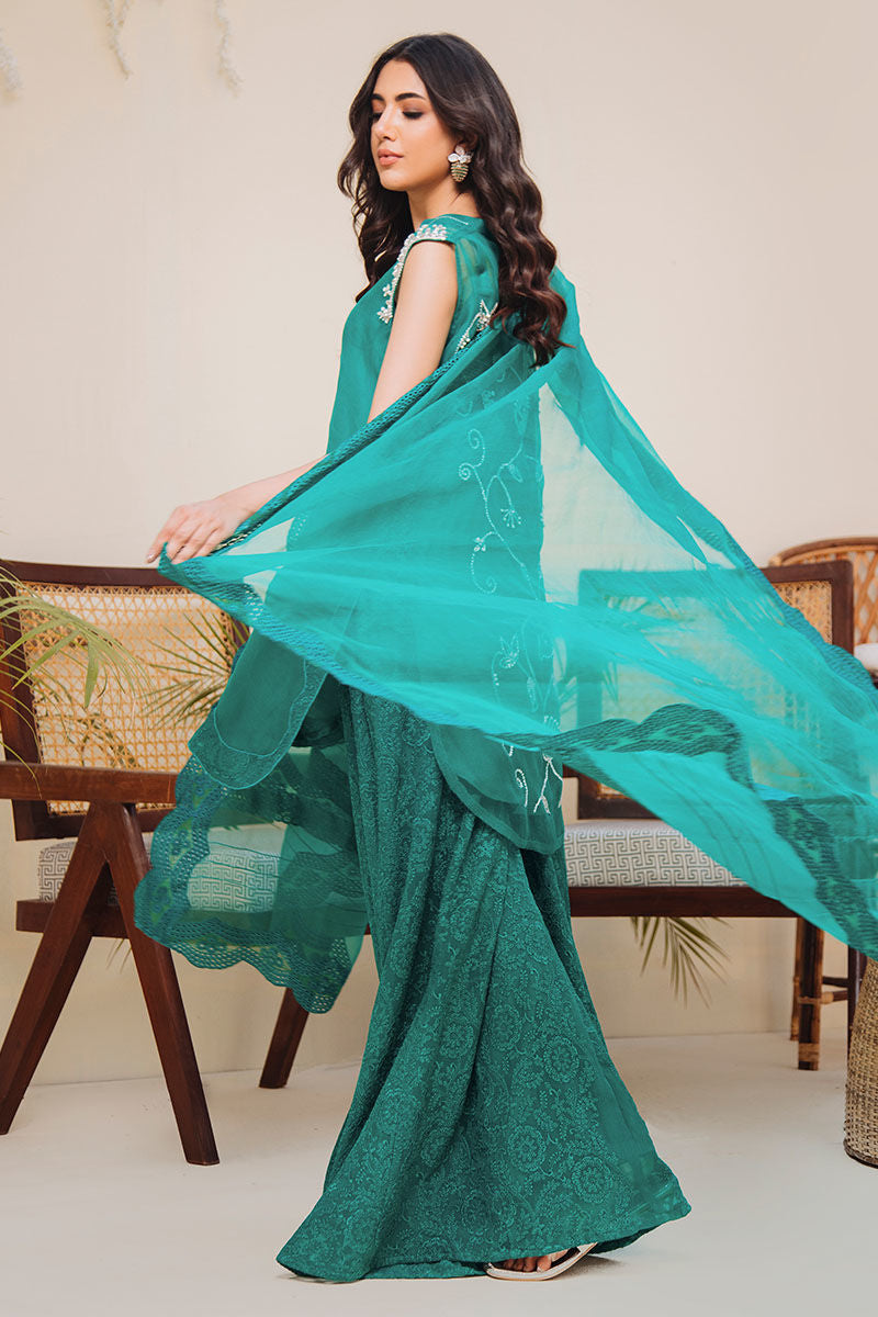 Emerald Green Embellished Organza Sharara (2-Piece) - Image 2
