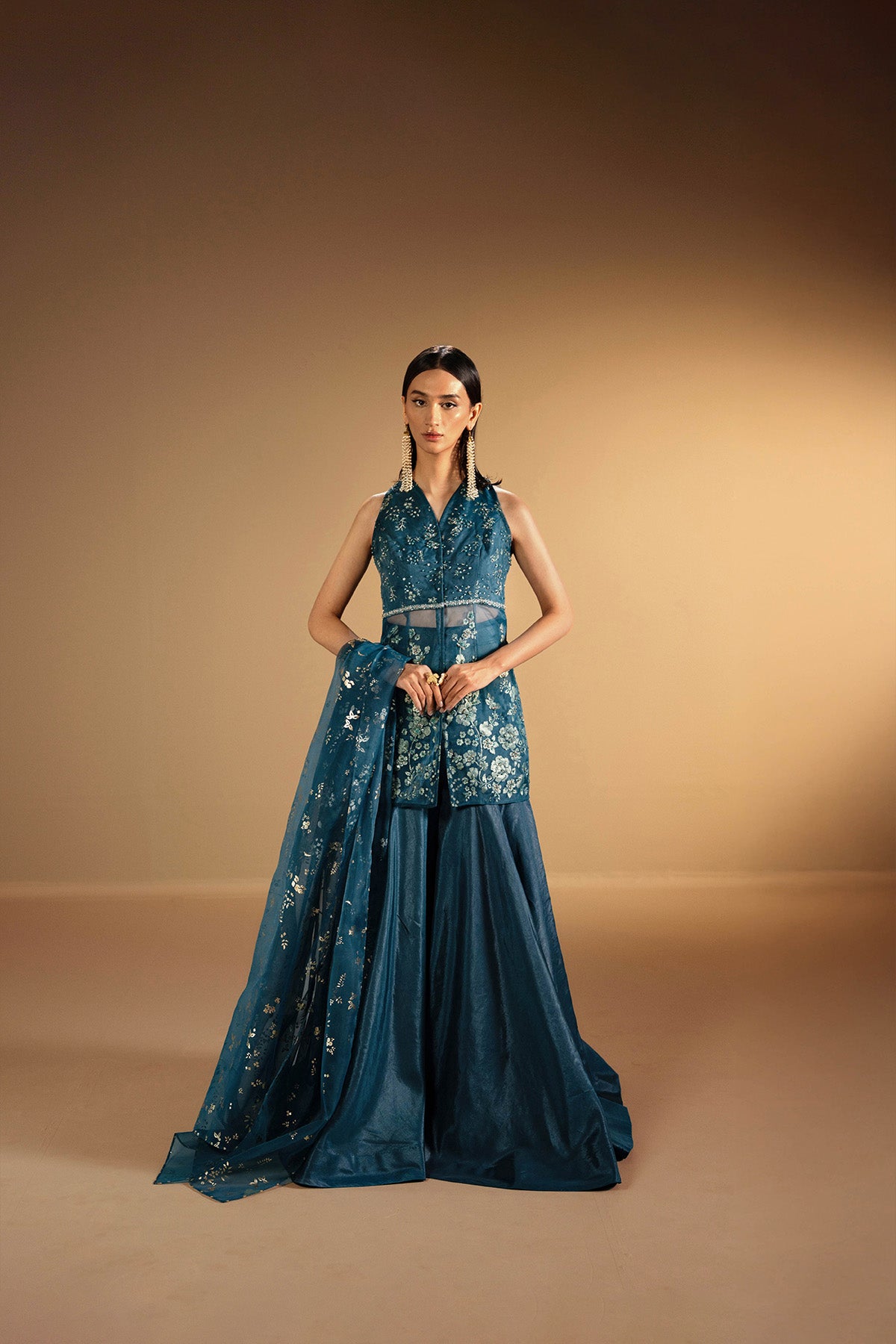 Midnight Green Hand-Embellished Organza Sharara (3-Piece) - Image 1