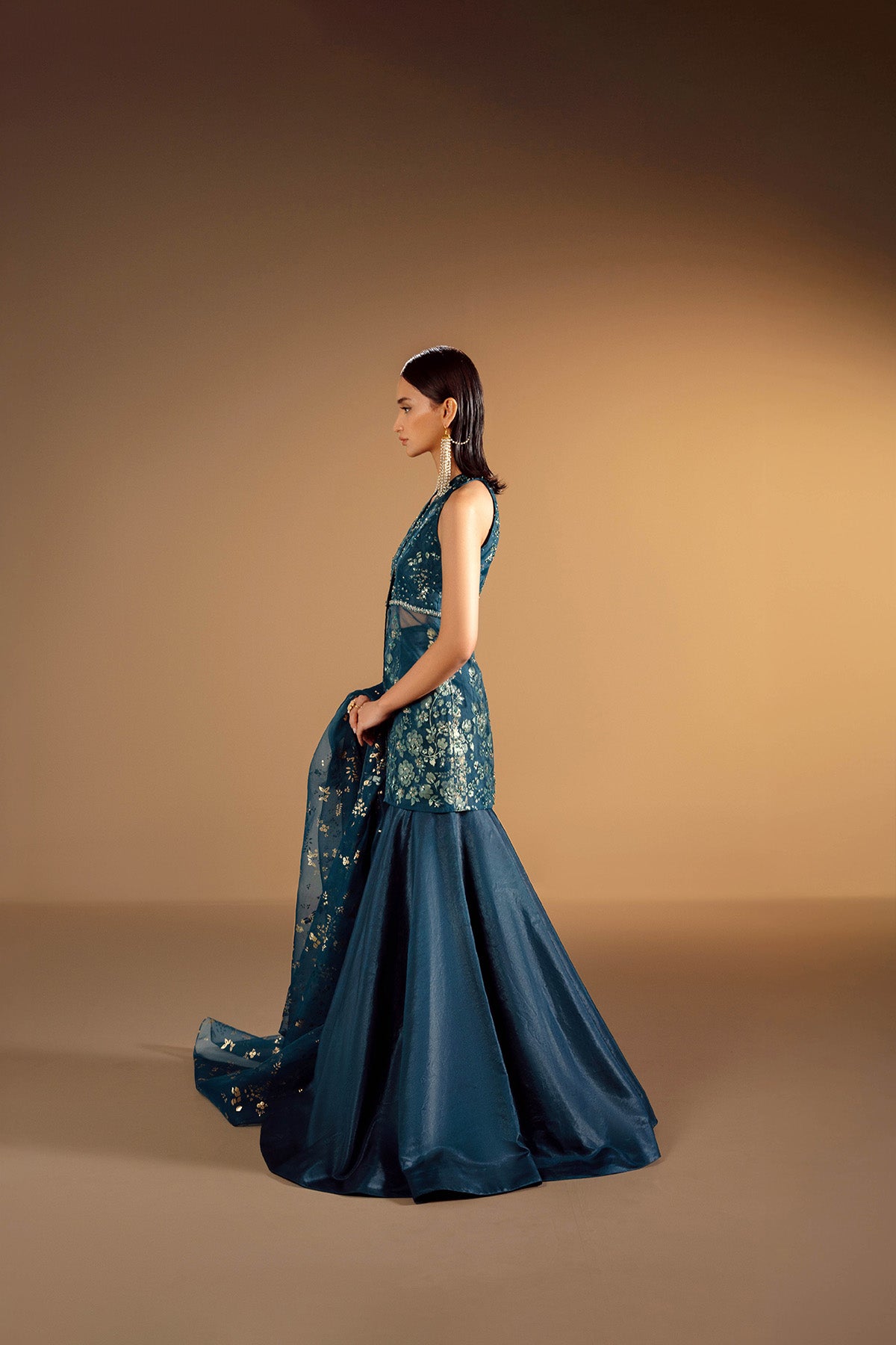 Midnight Green Hand-Embellished Organza Sharara (3-Piece) - Image 3