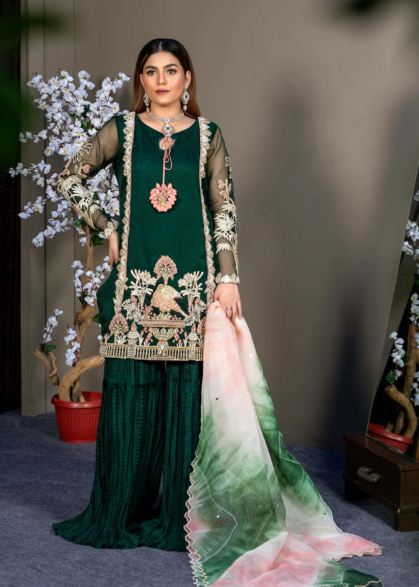 Pakistani Green Embroidered Organza & Silk Sharara (4-Piece) - Image 1