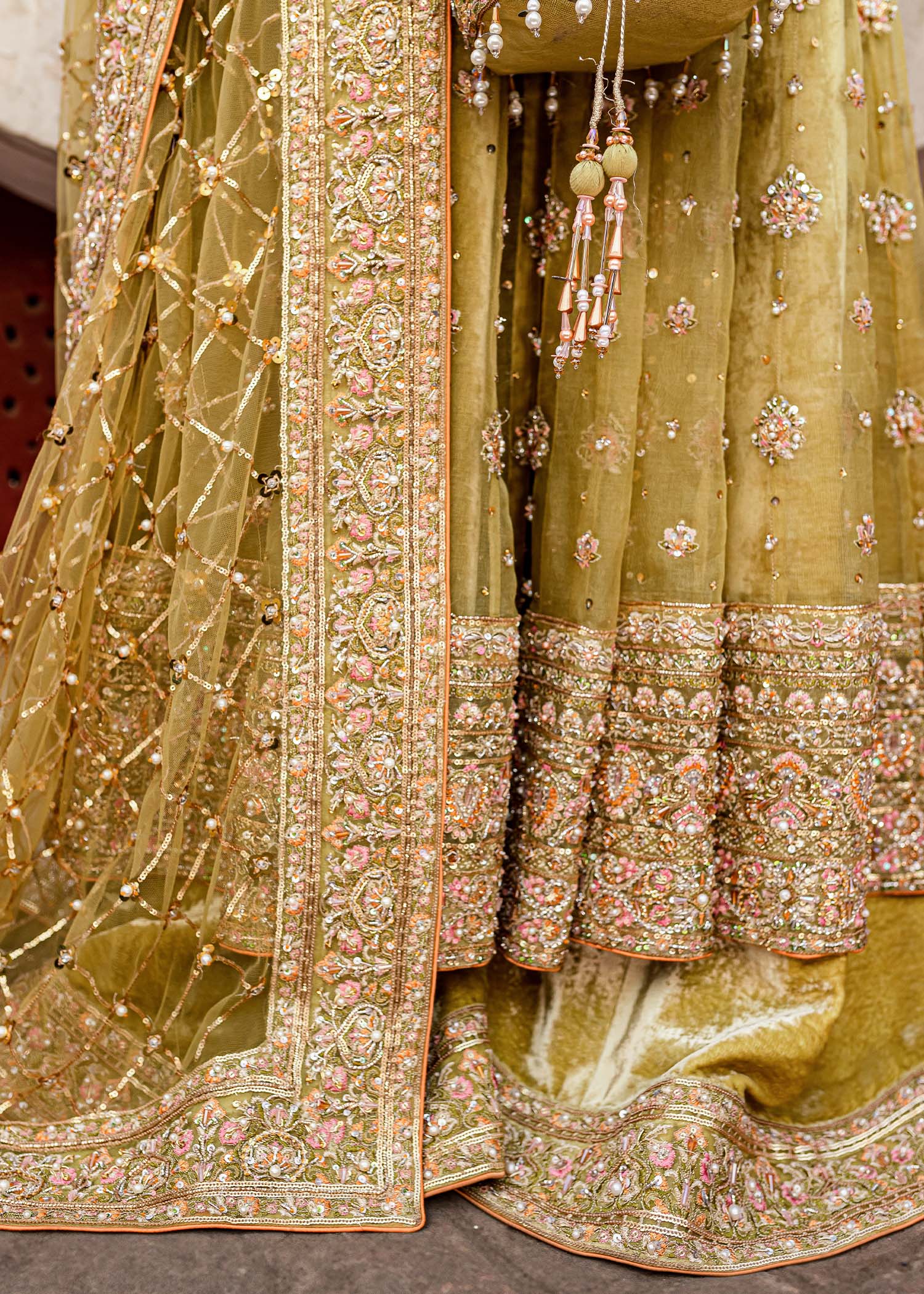 Pakistani Parrot Green Embellished Organza Pishwas Dress (3-Piece) - Image 3