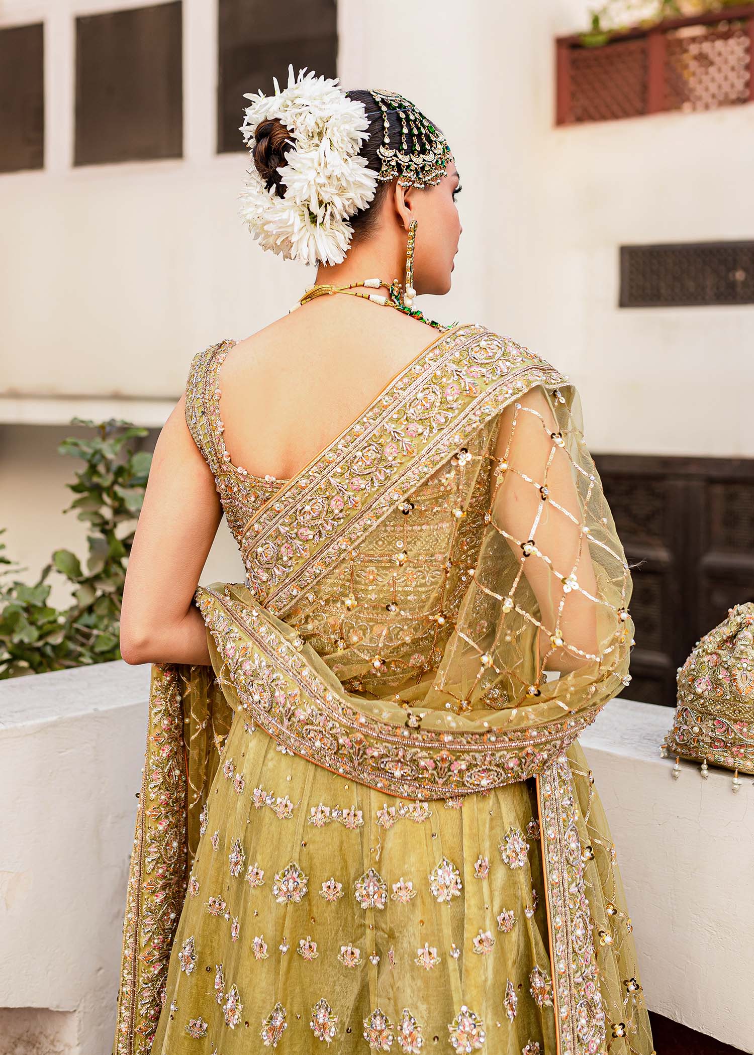 Pakistani Parrot Green Embellished Organza Pishwas Dress (3-Piece) - Image 4