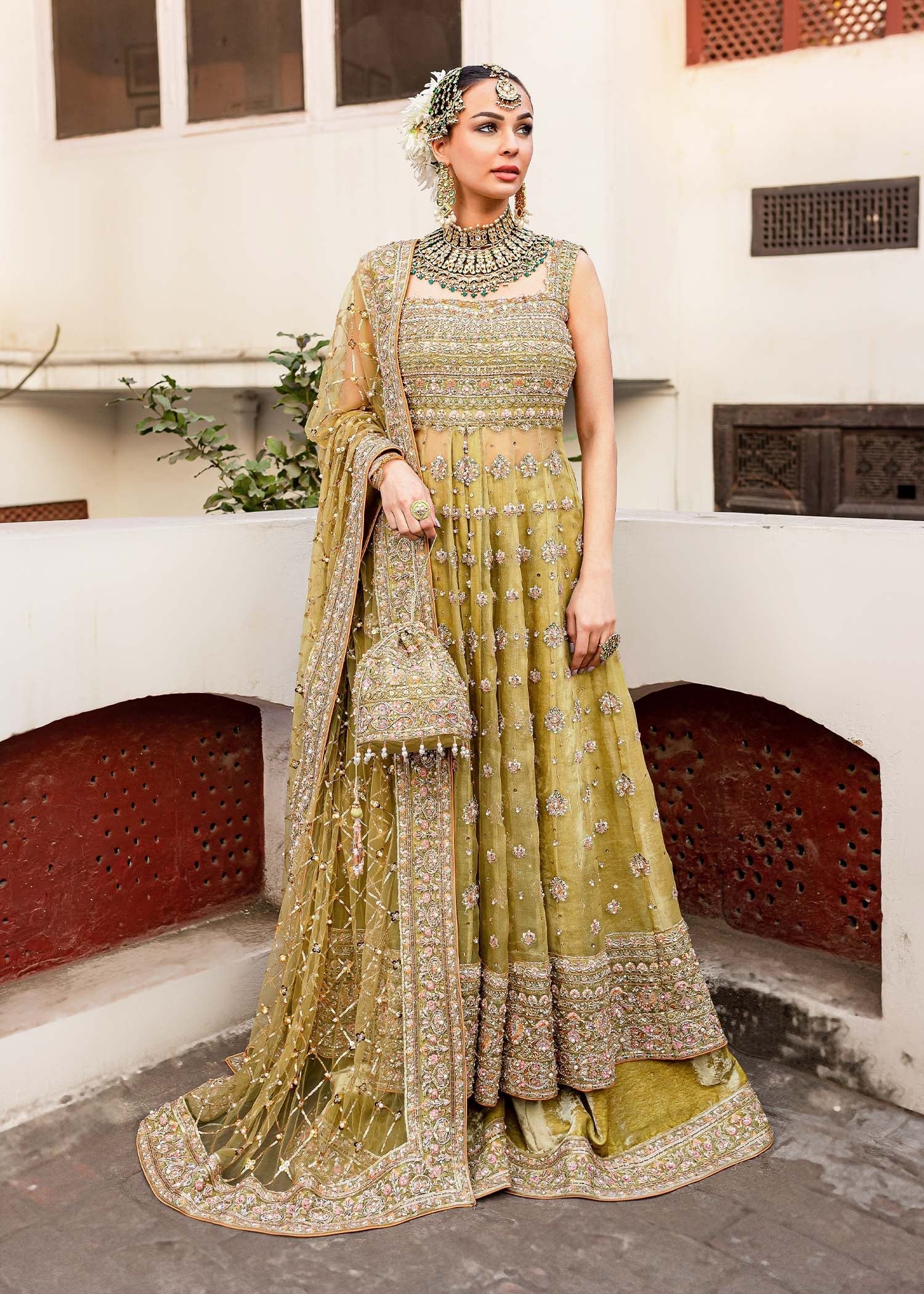 Pakistani Parrot Green Embellished Organza Pishwas Dress (3-Piece) - Image 8