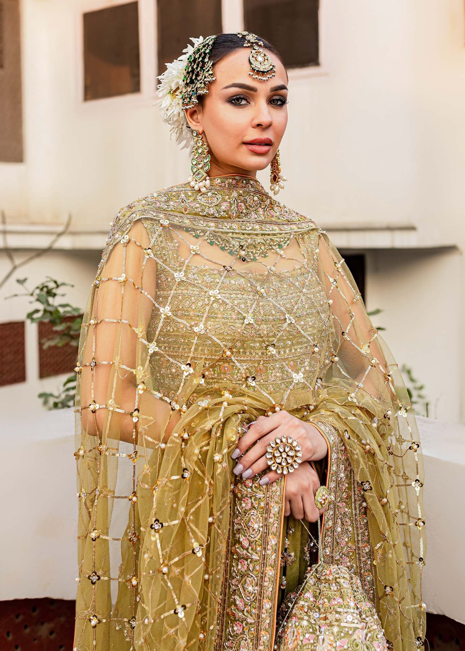 Pakistani Parrot Green Embellished Organza Pishwas Dress (3-Piece) - Image 9