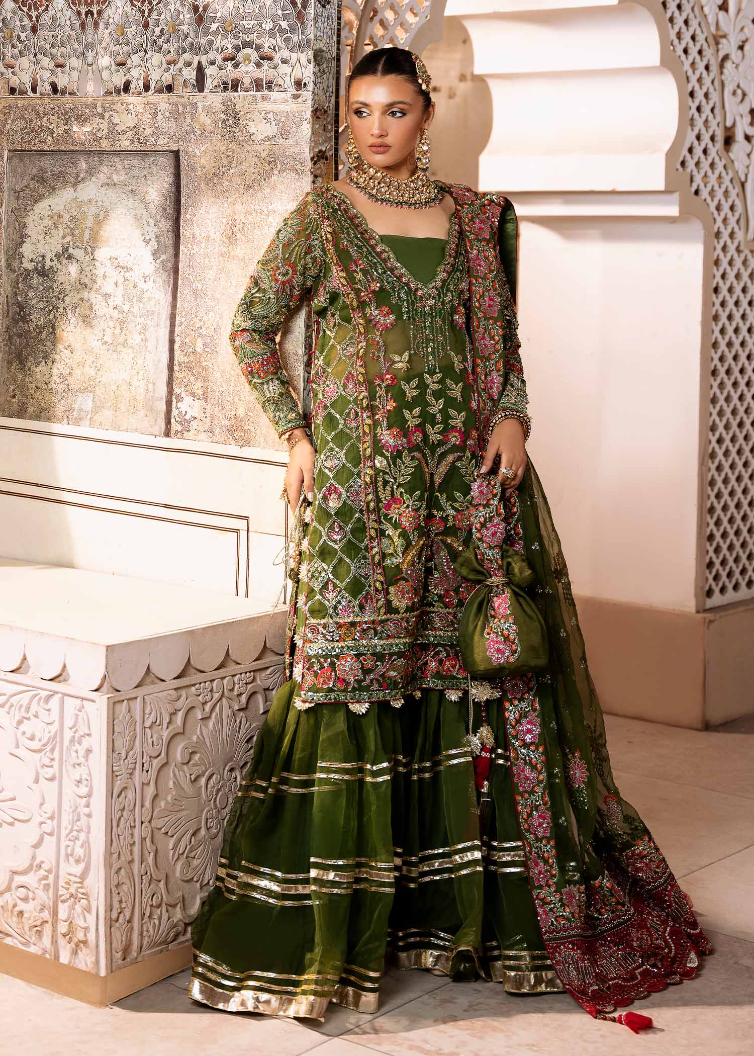 Pakistani Olive Green Hand-Embellished Organza Sharara (3-Piece) - Image 1