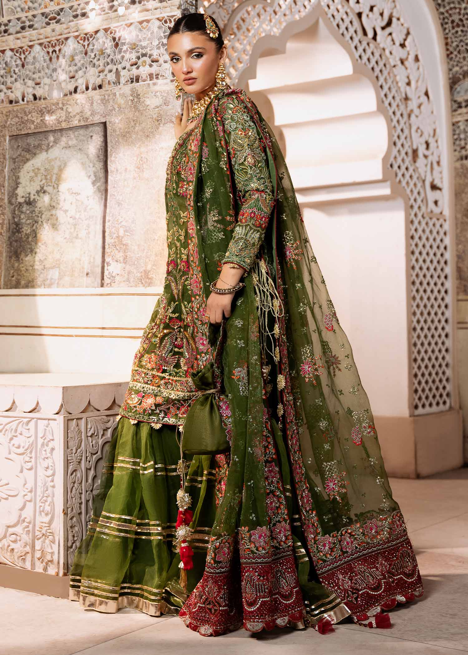 Pakistani Olive Green Hand-Embellished Organza Sharara (3-Piece) - Image 2