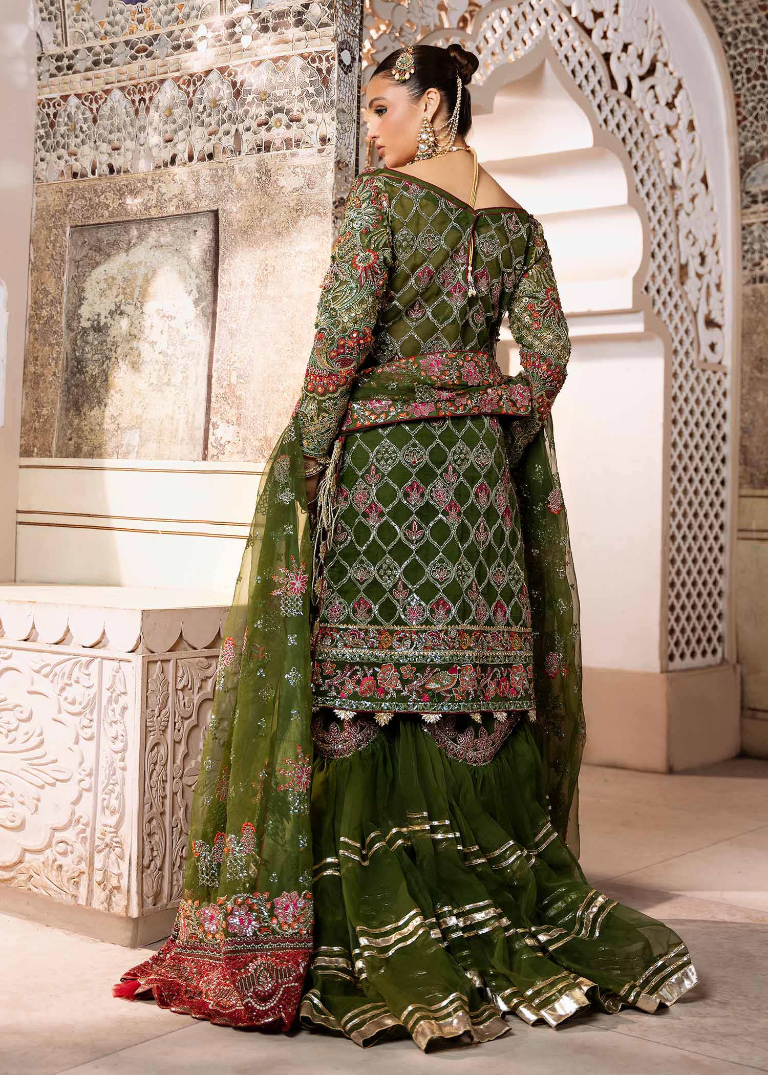 Pakistani Olive Green Hand-Embellished Organza Sharara (3-Piece) - Image 3