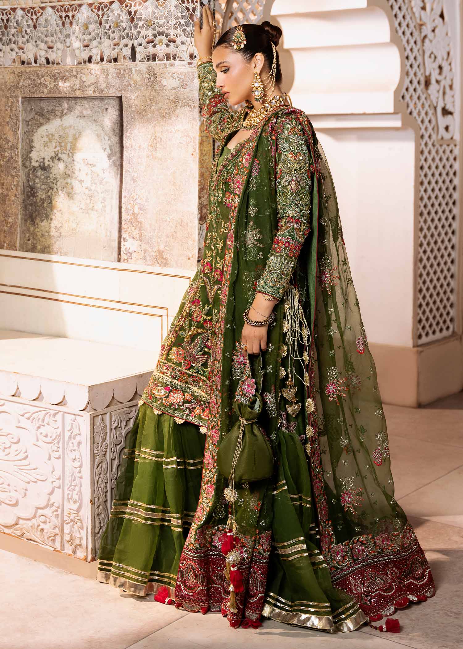 Pakistani Olive Green Hand-Embellished Organza Sharara (3-Piece) - Image 7