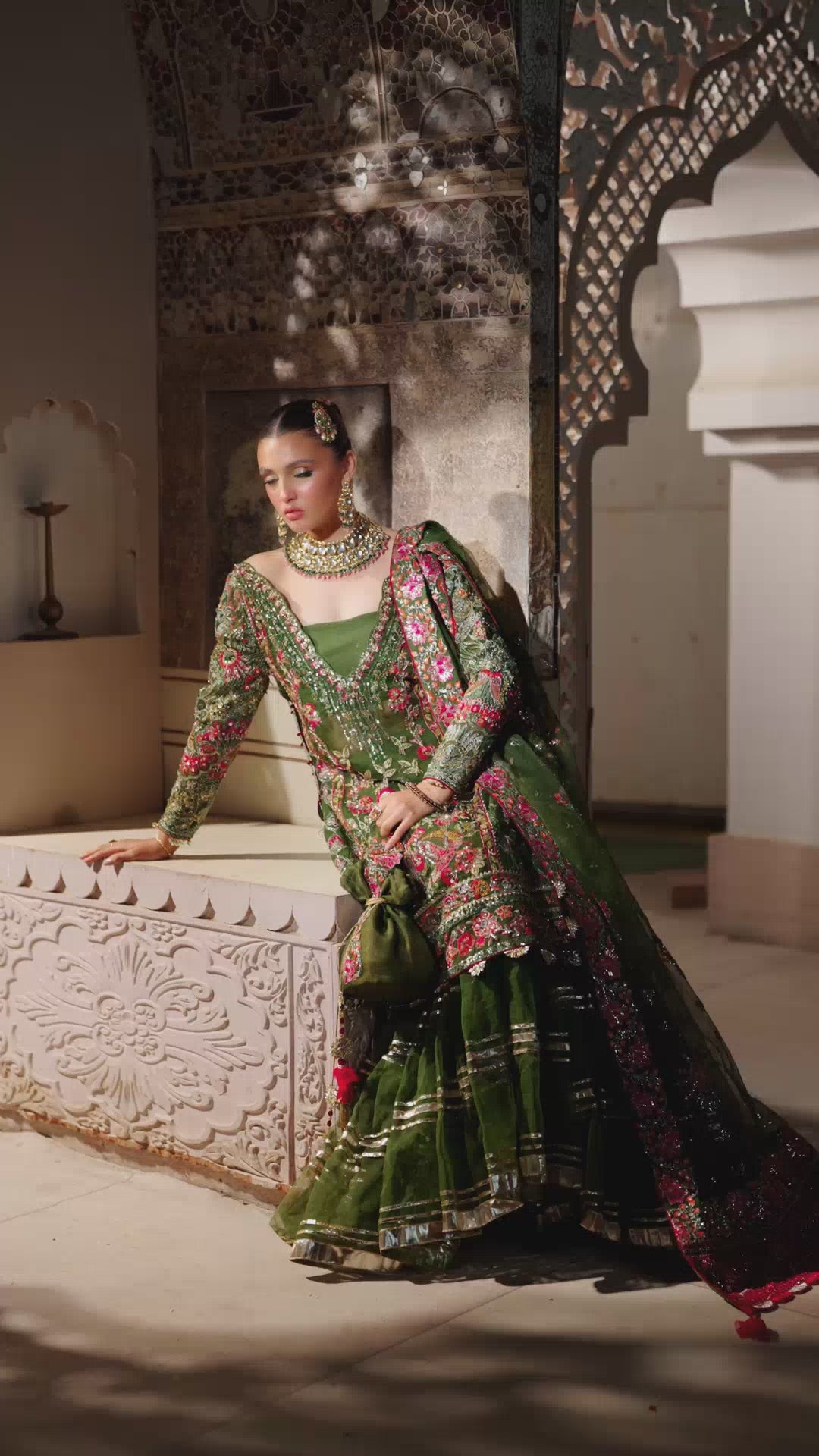 Pakistani Olive Green Hand-Embellished Organza Sharara (3-Piece) - Image 8