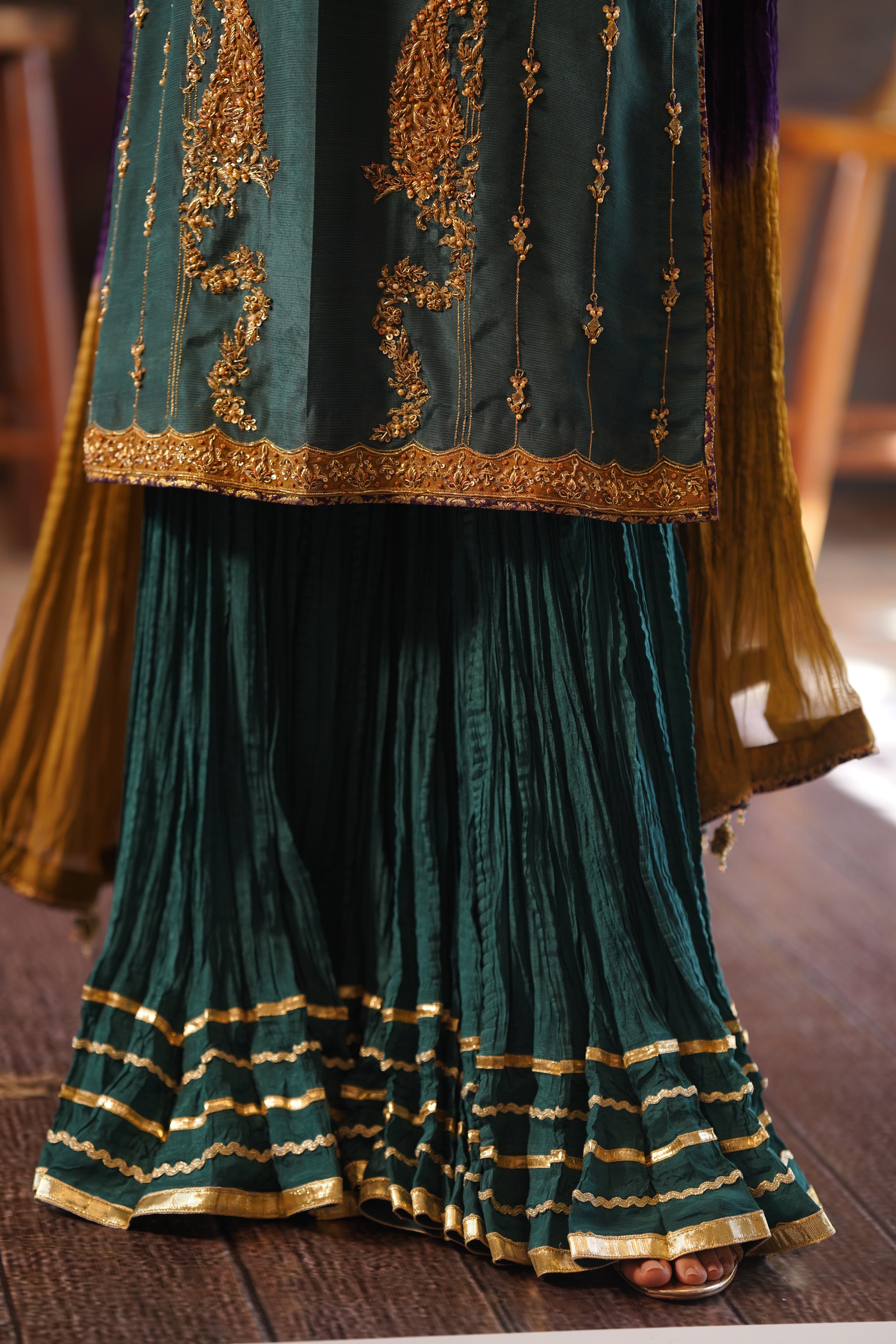 Pakistani Green Zardozi PK Raw Silk Sharara Set (3-Piece) - Image 1