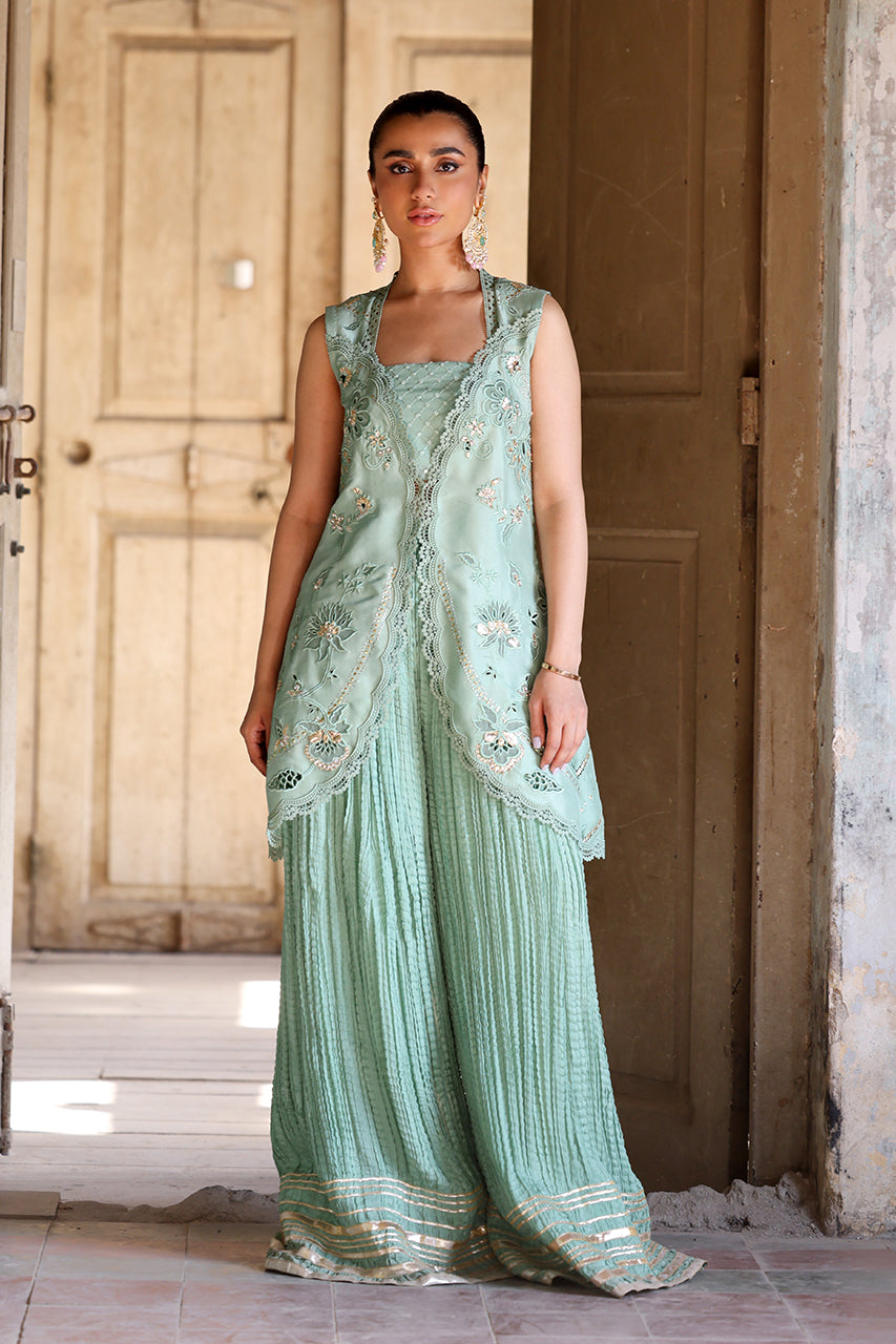 Mint Zardozi Raw Silk Jacket Sharara (3-Piece) - Image 1