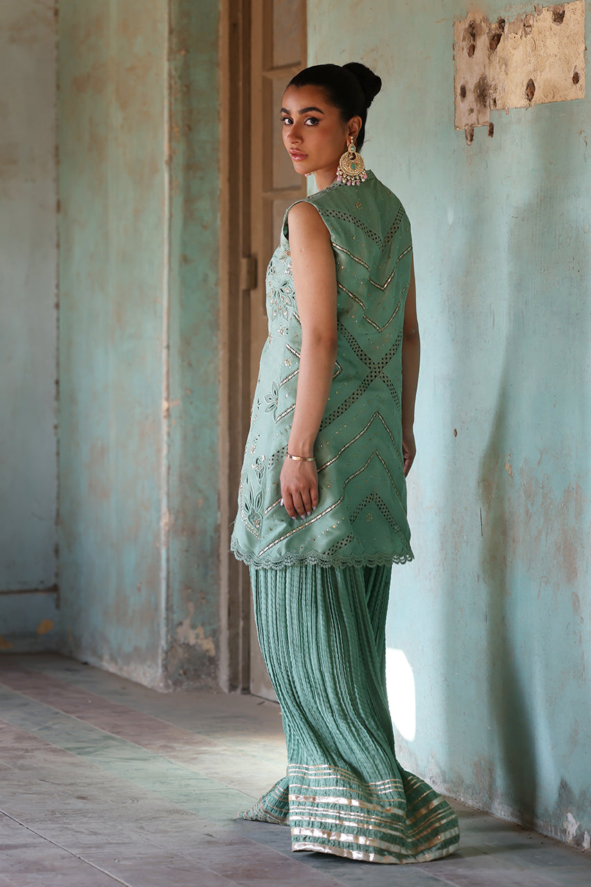 Mint Zardozi Raw Silk Jacket Sharara (3-Piece) - Image 2