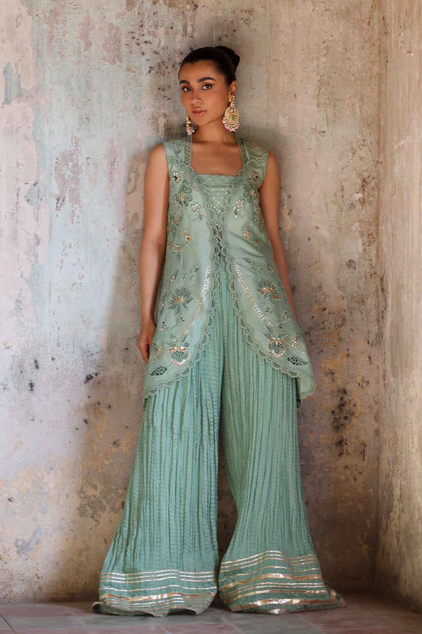 Mint Zardozi Raw Silk Jacket Sharara (3-Piece) - Image 4