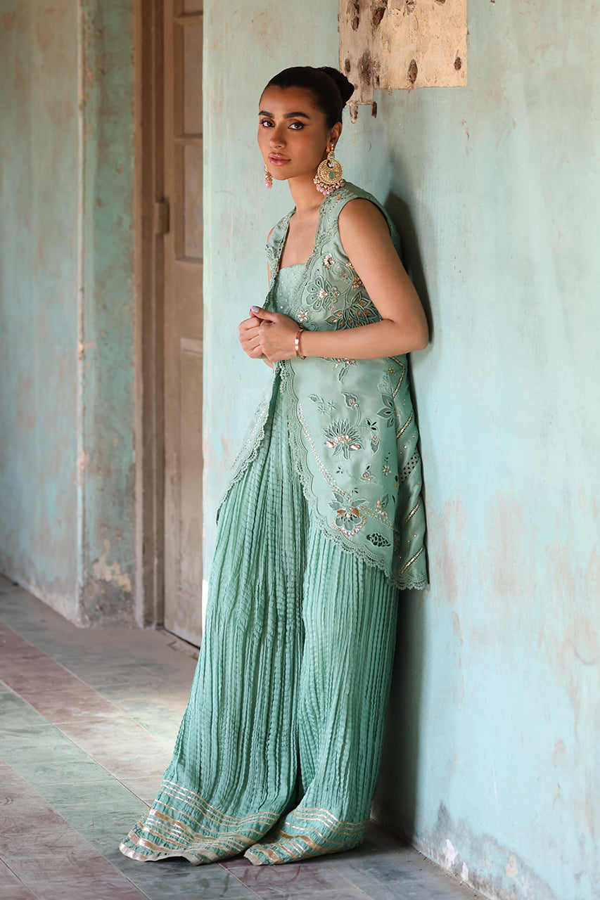 Mint Zardozi Raw Silk Jacket Sharara (3-Piece) - Image 5
