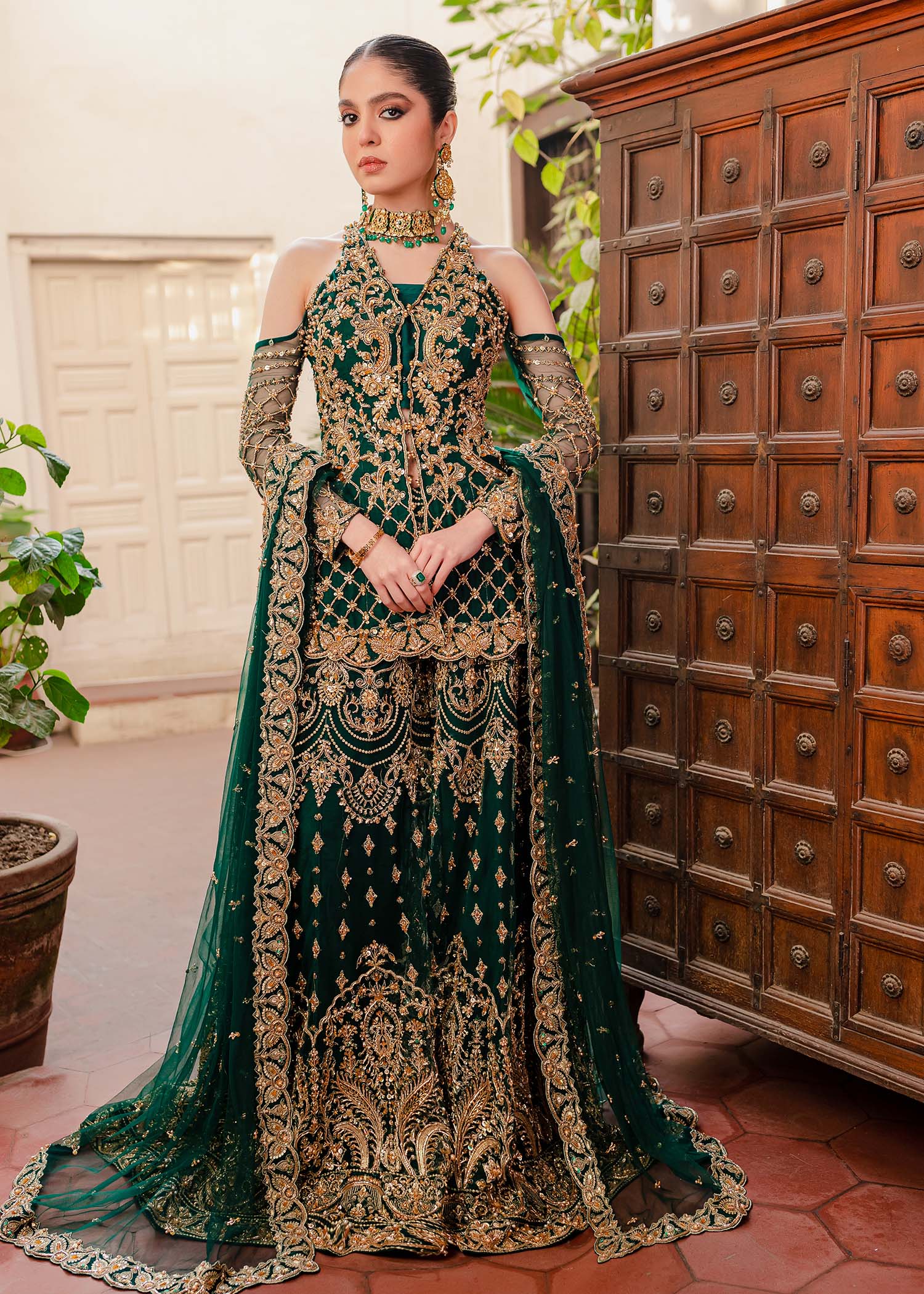 Bottle Green Embellished Net & Raw Silk Sharara (3-Piece) - Image 1