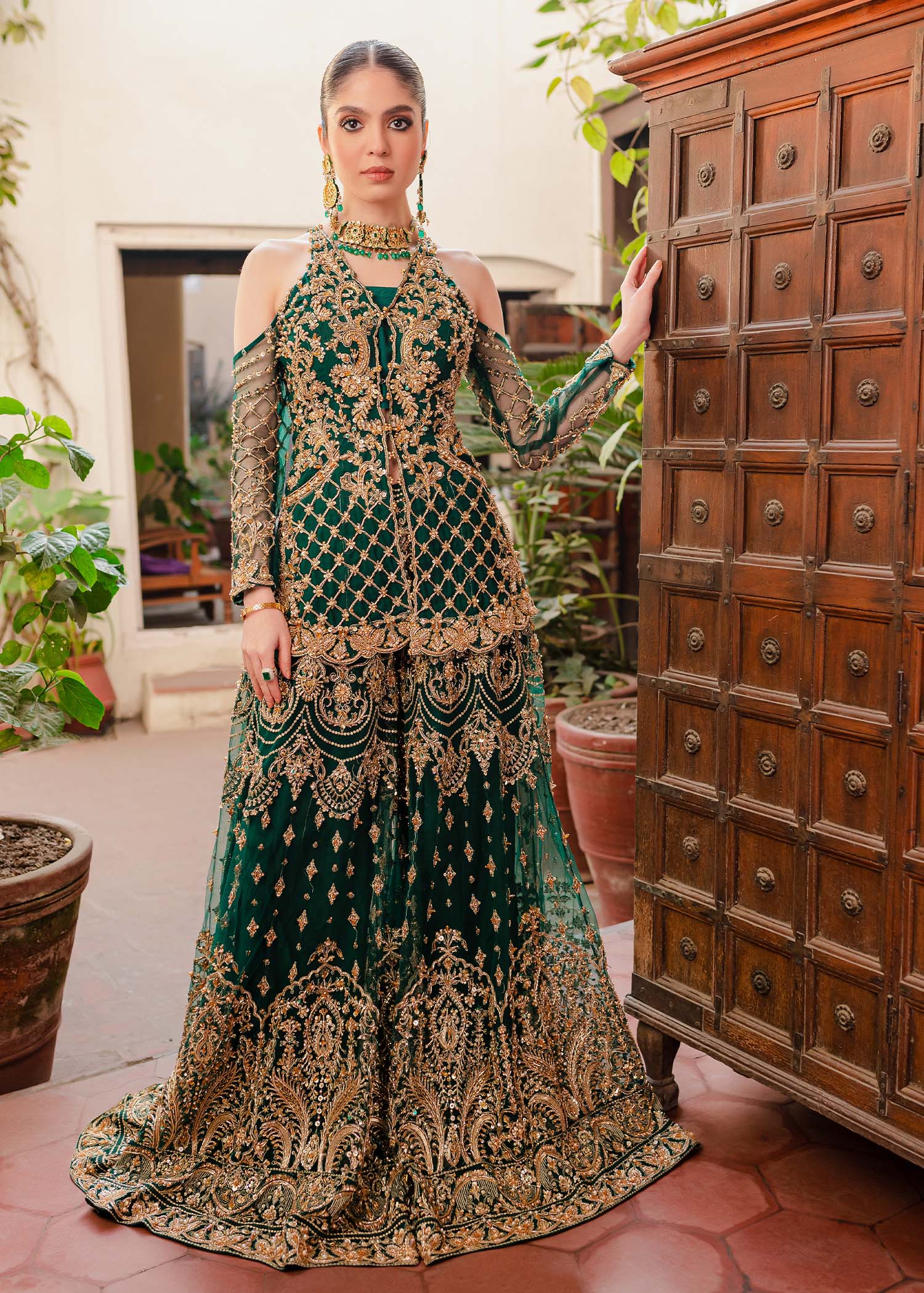 Bottle Green Embellished Net & Raw Silk Sharara (3-Piece) - Image 6