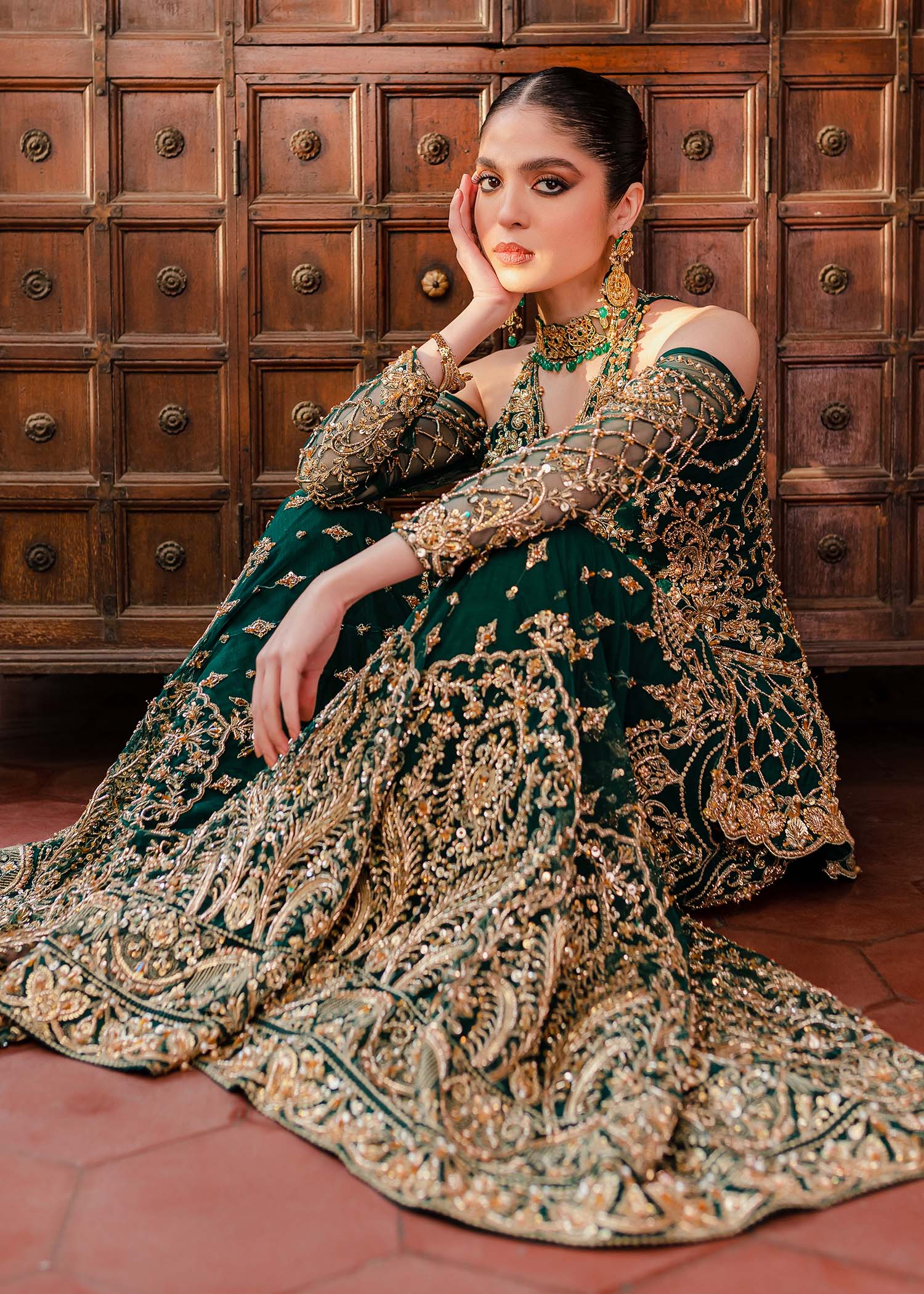 Pakistani Bottle Green Embroidered Net Sharara Set (3-Piece) - Image 7