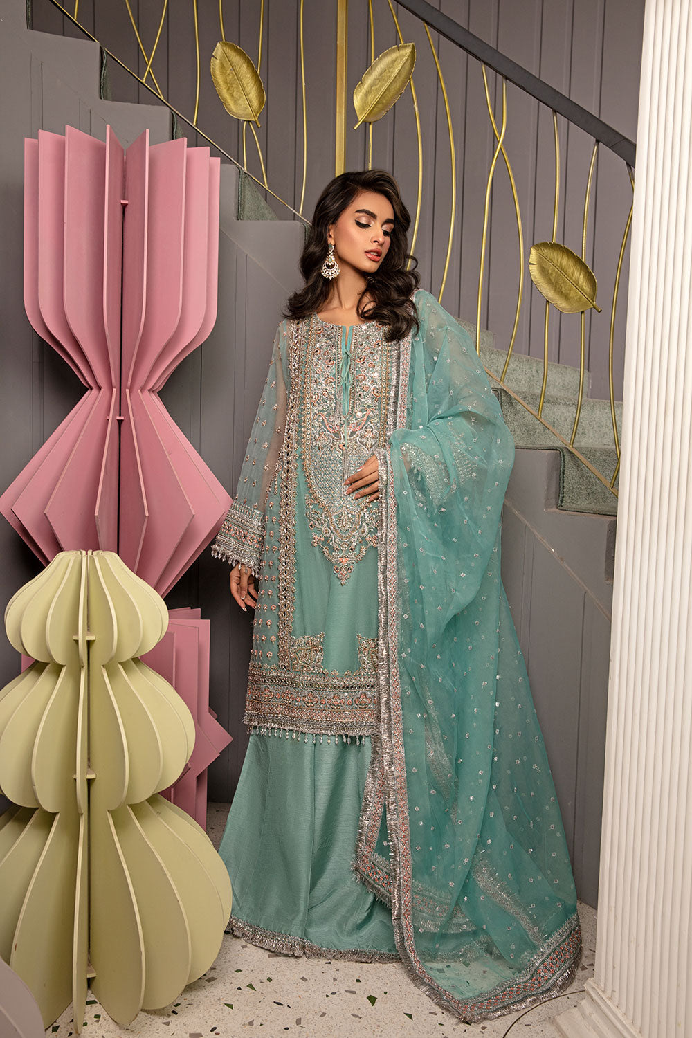 Pakistani Seafoam Embroidered Korean Raw Silk Sharara (3-Piece) - Image 2