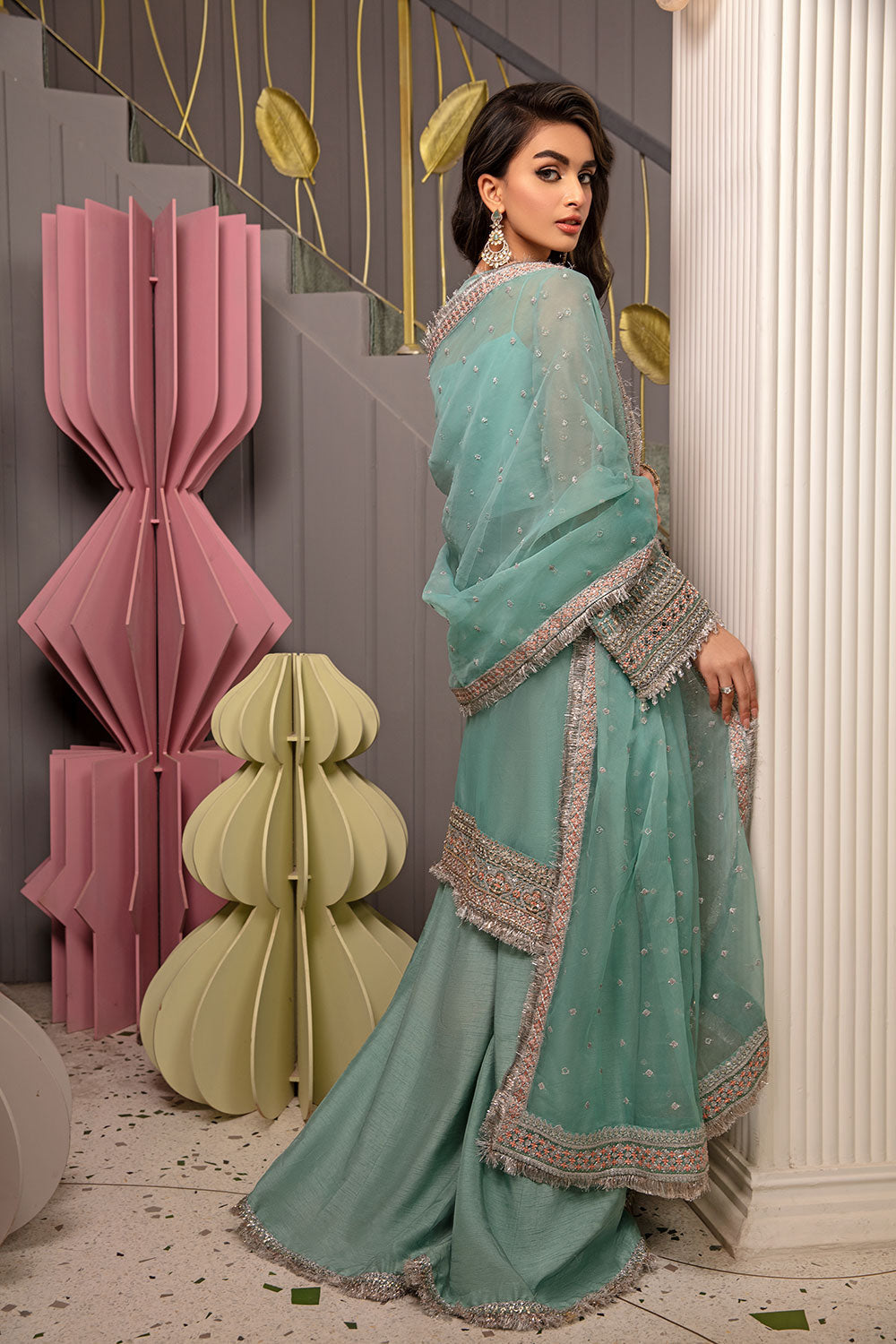 Pakistani Seafoam Embroidered Korean Raw Silk Sharara (3-Piece) - Image 3
