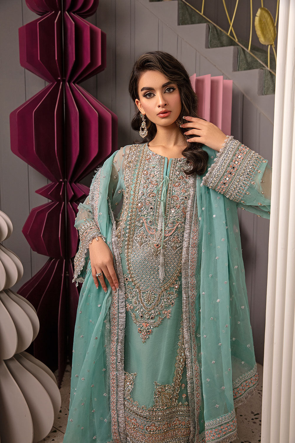 Pakistani Seafoam Embroidered Korean Raw Silk Sharara (3-Piece) - Image 4