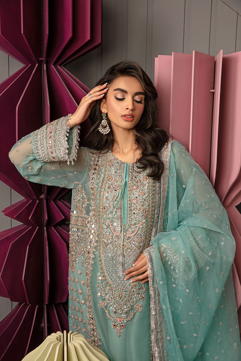 Pakistani Seafoam Embroidered Korean Raw Silk Sharara (3-Piece) - Image 6
