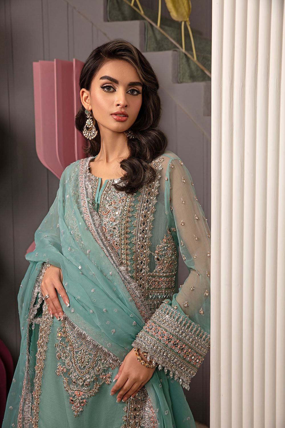 Pakistani Seafoam Embroidered Korean Raw Silk Sharara (3-Piece) - Image 7