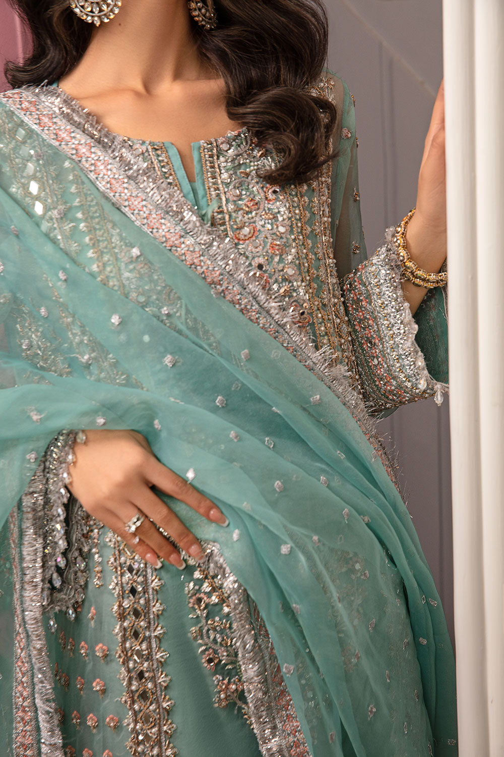 Pakistani Seafoam Embroidered Korean Raw Silk Sharara (3-Piece) - Image 8