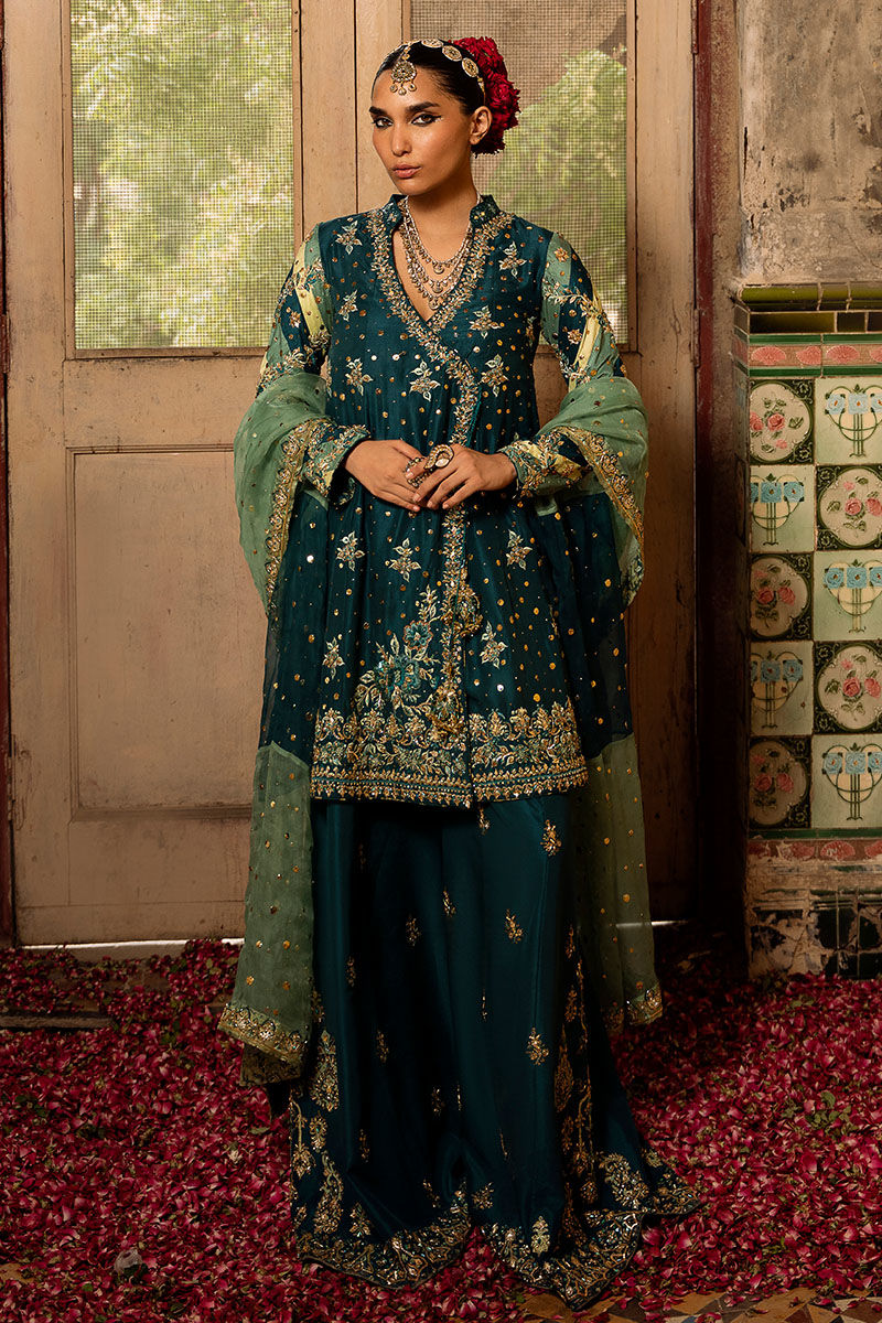 Deep Green Embellished Raw Silk Sharara (3-Piece) - Image 1