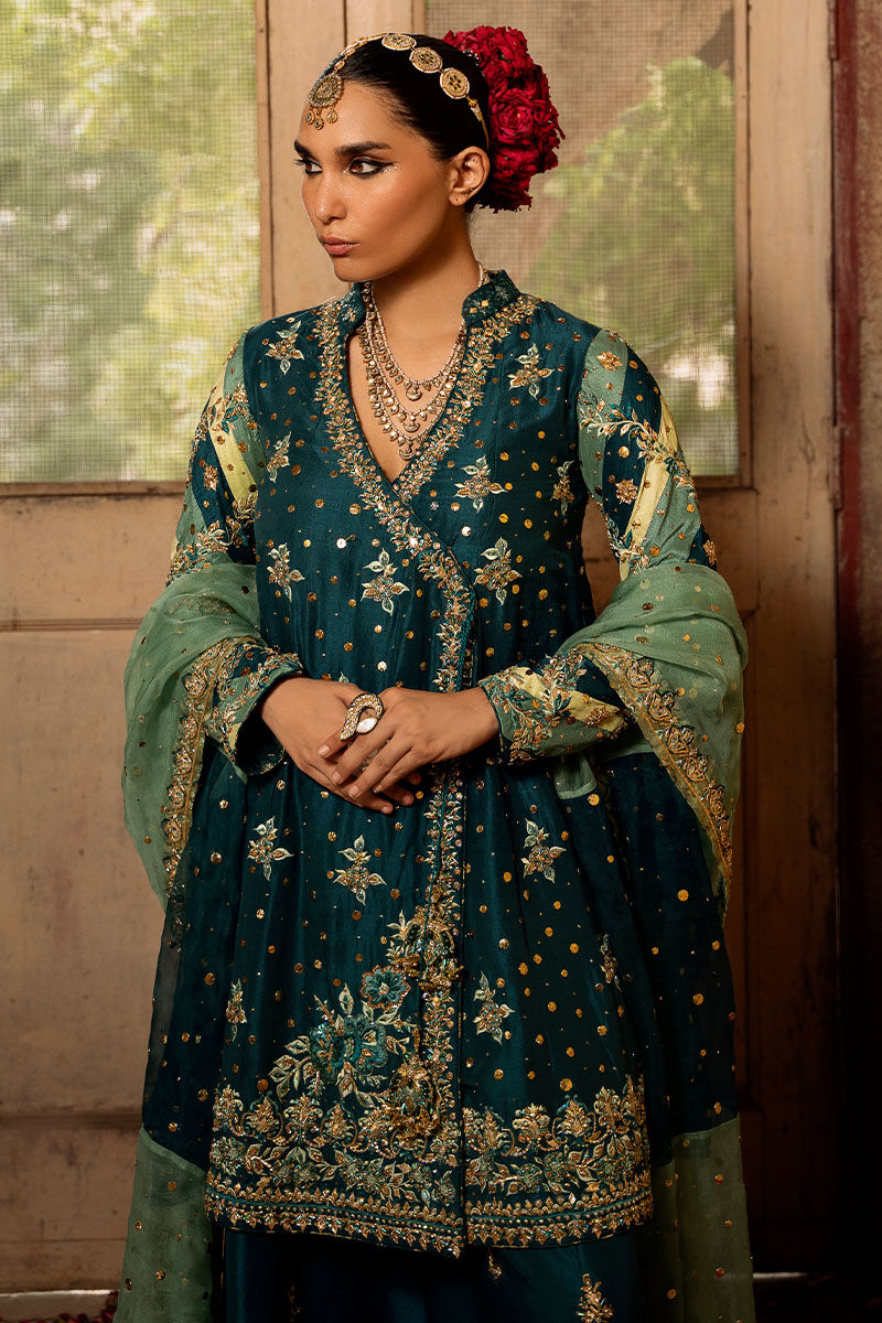 Deep Green Embellished Raw Silk Sharara (3-Piece) - Image 2