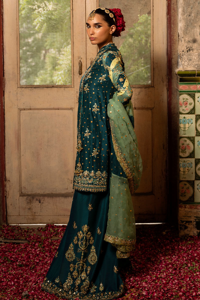 Deep Green Embellished Raw Silk Sharara (3-Piece) - Image 4
