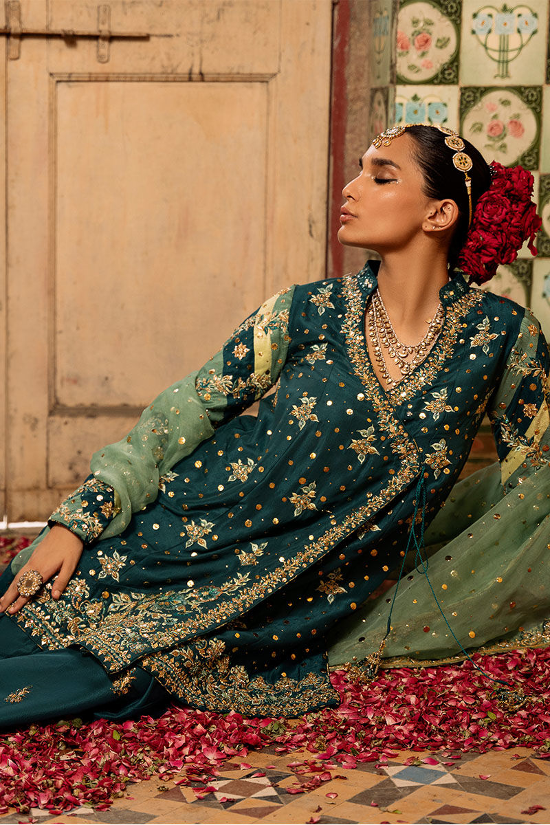 Deep Green Embellished Raw Silk Sharara (3-Piece) - Image 5