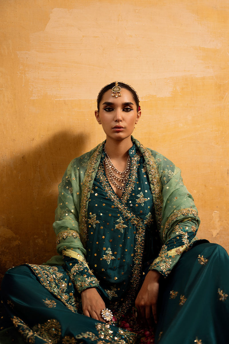 Deep Green Embellished Raw Silk Sharara (3-Piece) - Image 6