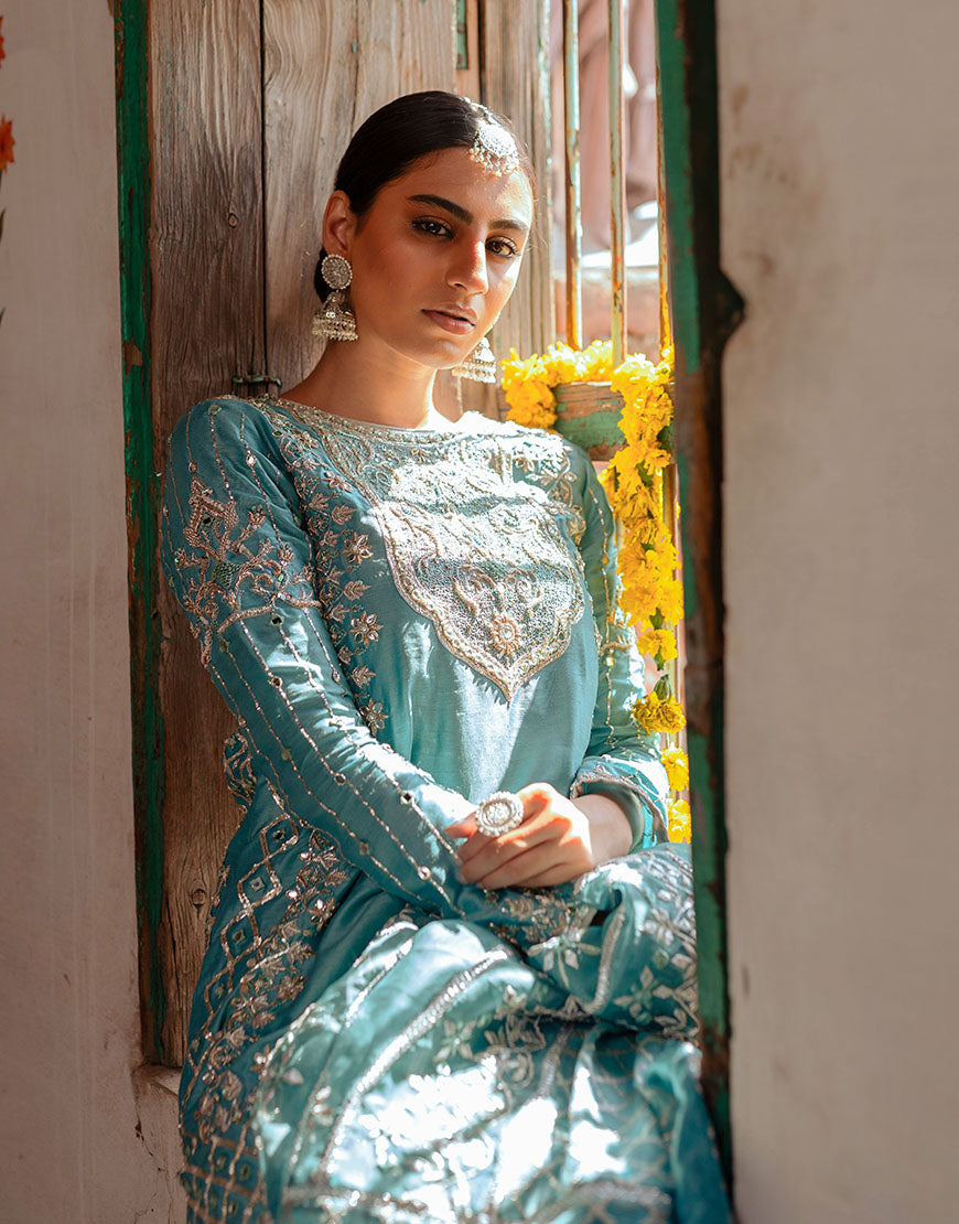 Teal Sheesha Embroidered Raw Silk Sharara (3-Piece) - Image 4