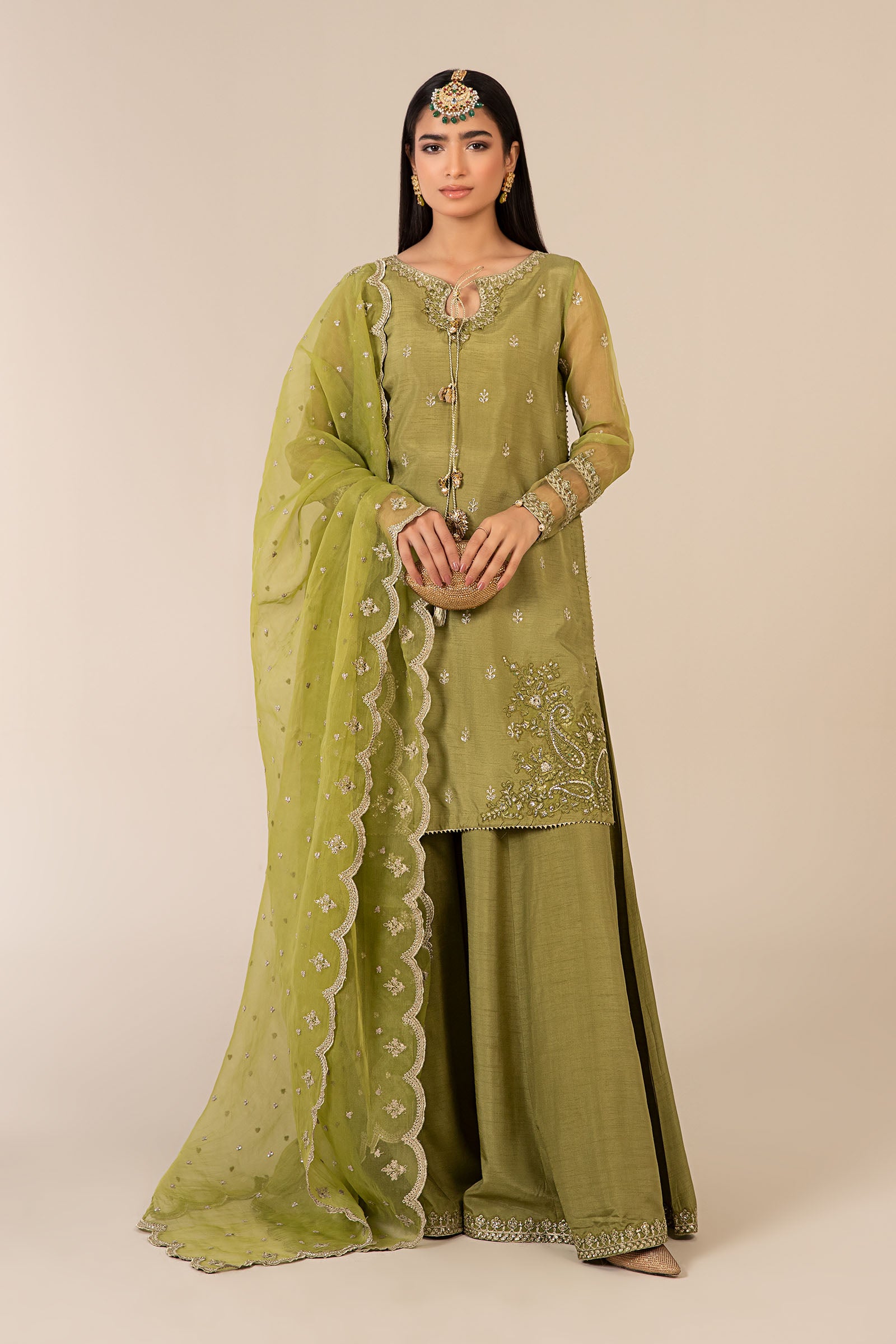 Green Embroidered Raw Silk & Organza Sharara (3-Piece) - Image 1