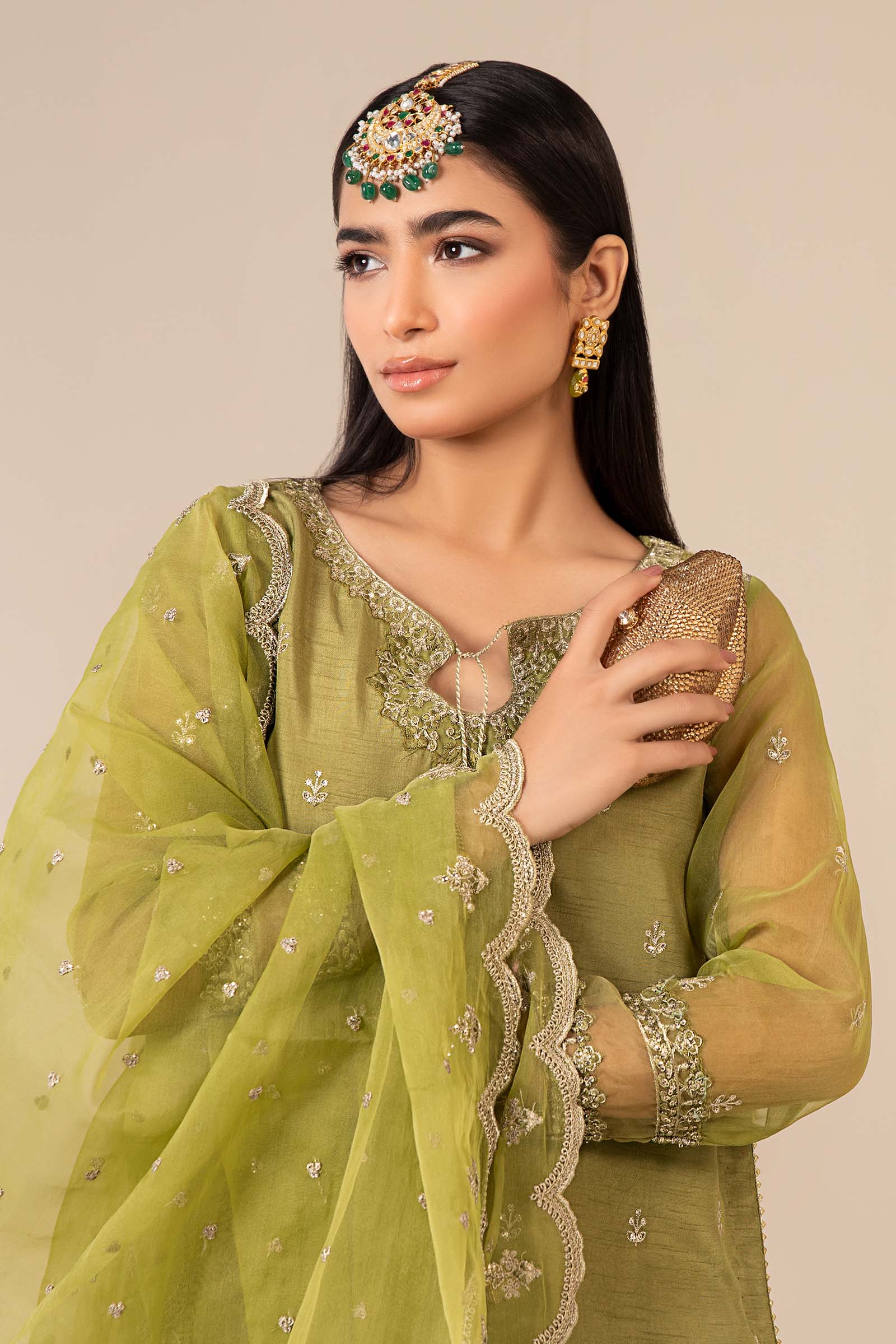 Green Embroidered Raw Silk & Organza Sharara (3-Piece) - Image 3