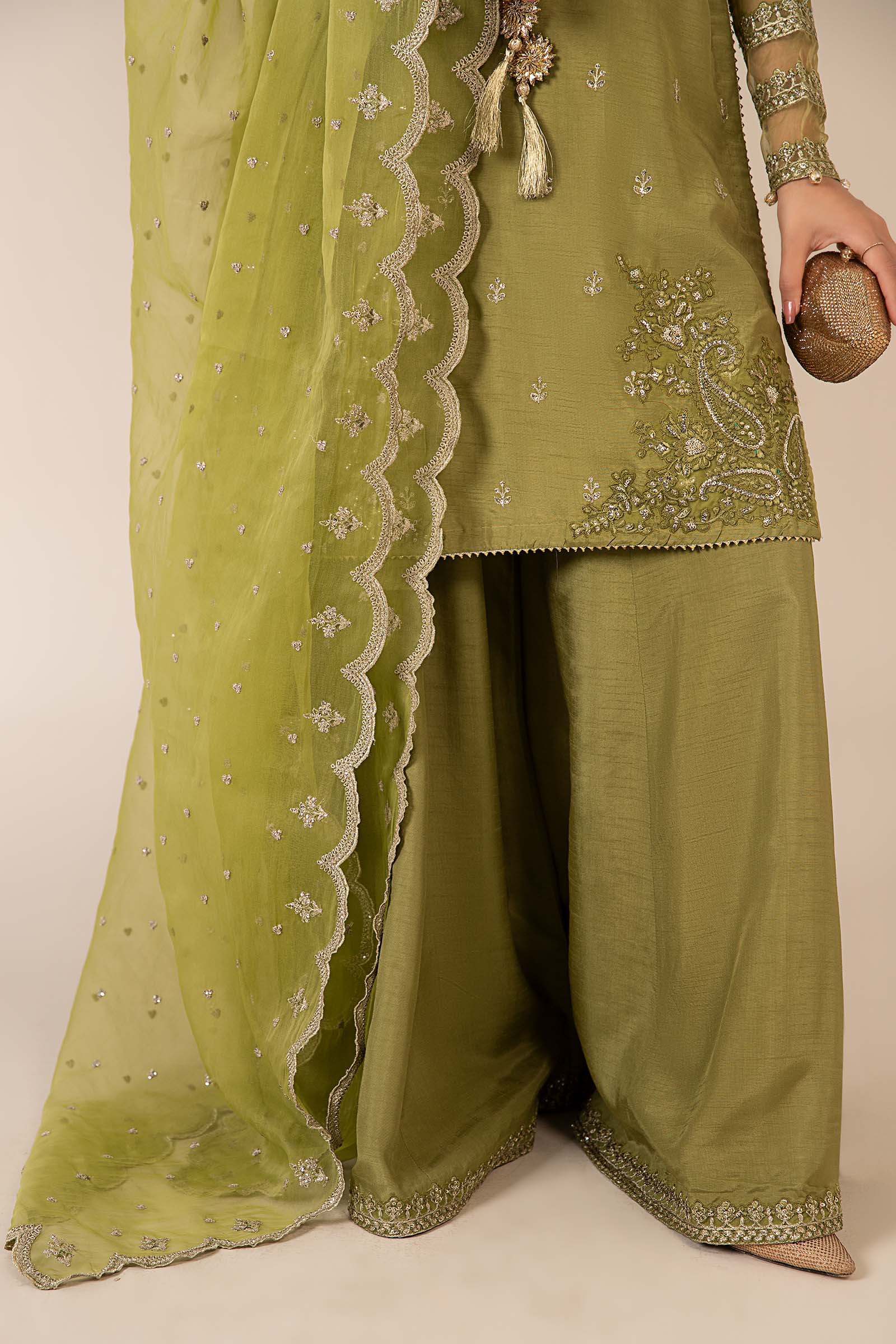 Green Embroidered Raw Silk & Organza Sharara (3-Piece) - Image 4
