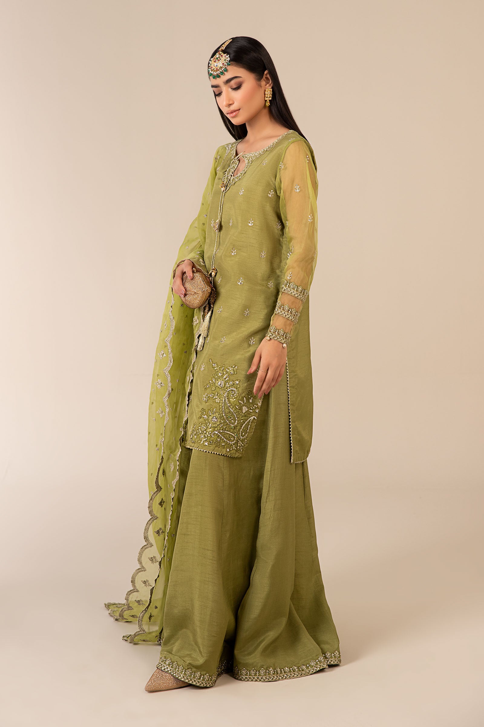 Green Embroidered Raw Silk & Organza Sharara (3-Piece) - Image 5