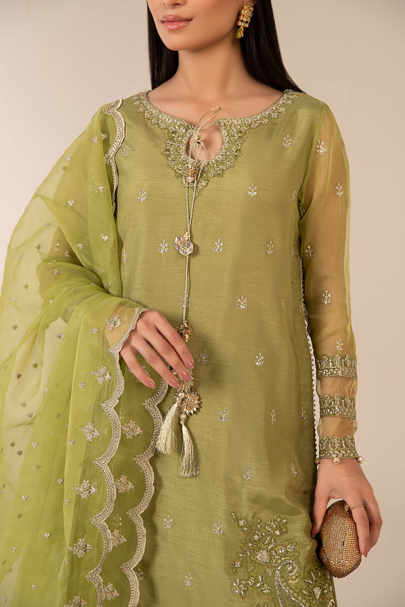 Green Embroidered Raw Silk & Organza Sharara (3-Piece) - Image 6