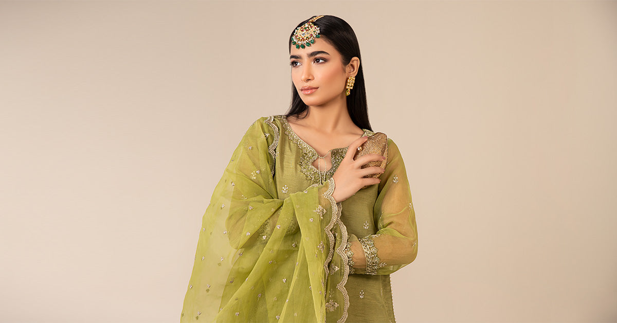 Green Embroidered Raw Silk & Organza Sharara (3-Piece) - Image 7