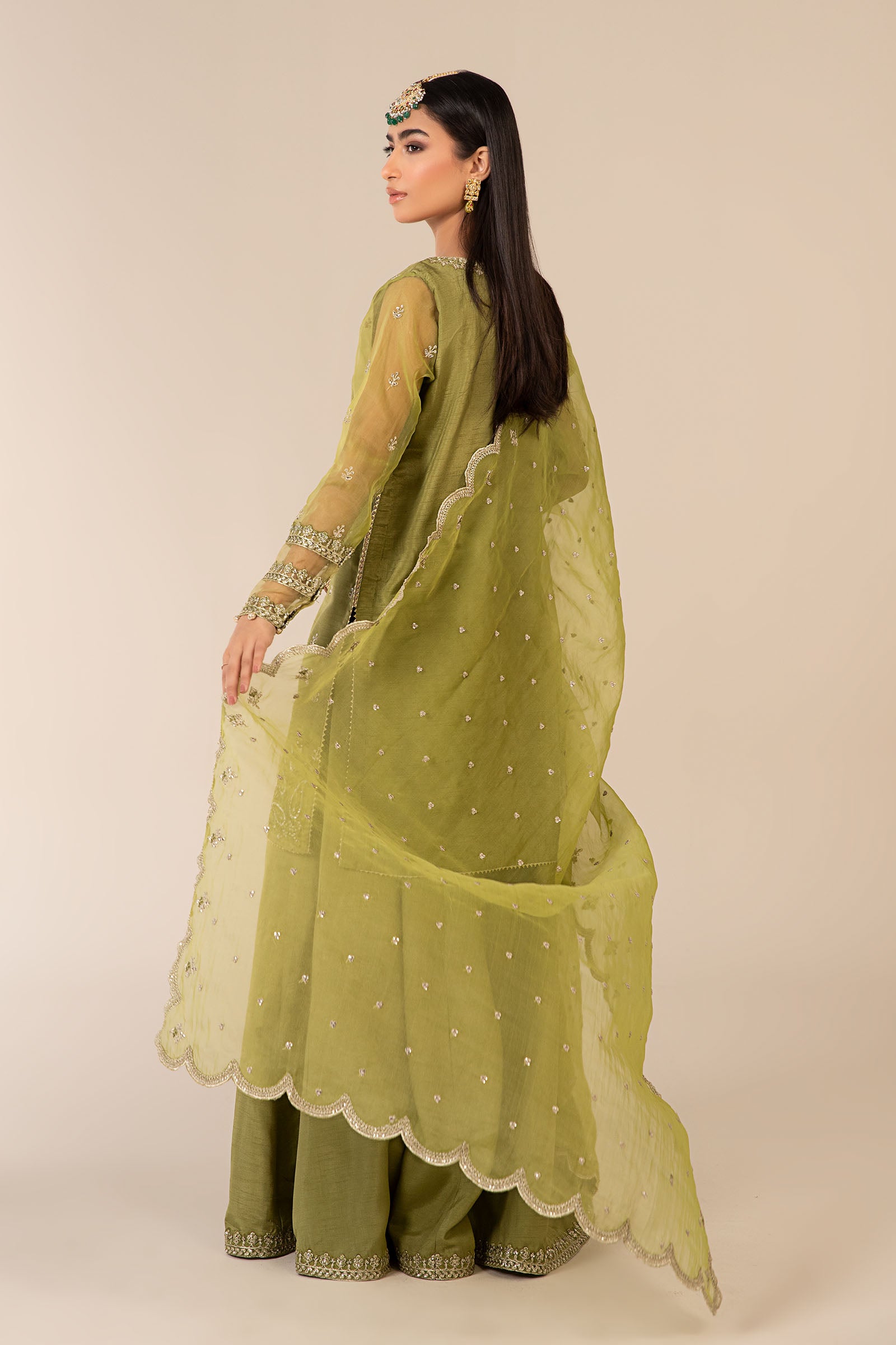 Green Embroidered Raw Silk & Organza Sharara (3-Piece) - Image 8