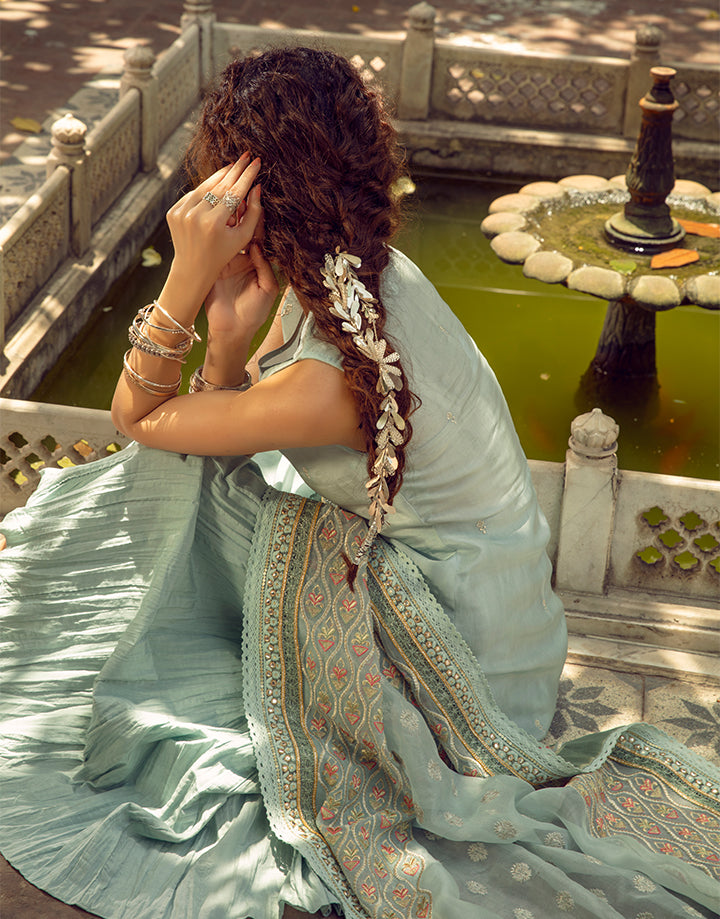 Pakistani Mint Embroidered Korean Raw Silk Sharara (3-Piece) - Image 3